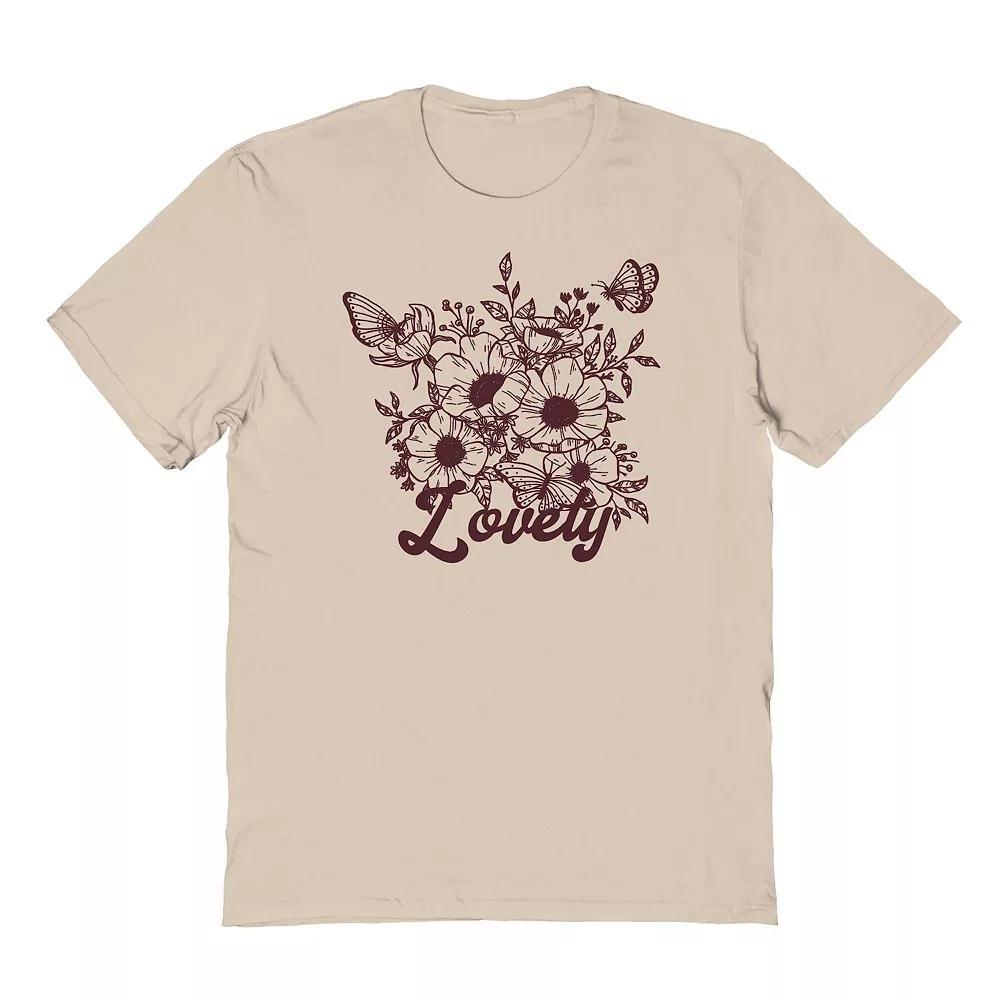 Men's "Lovely" Flowers And Butterflies Line Art Graphic Tee, Size: XXL, Brown Product Image