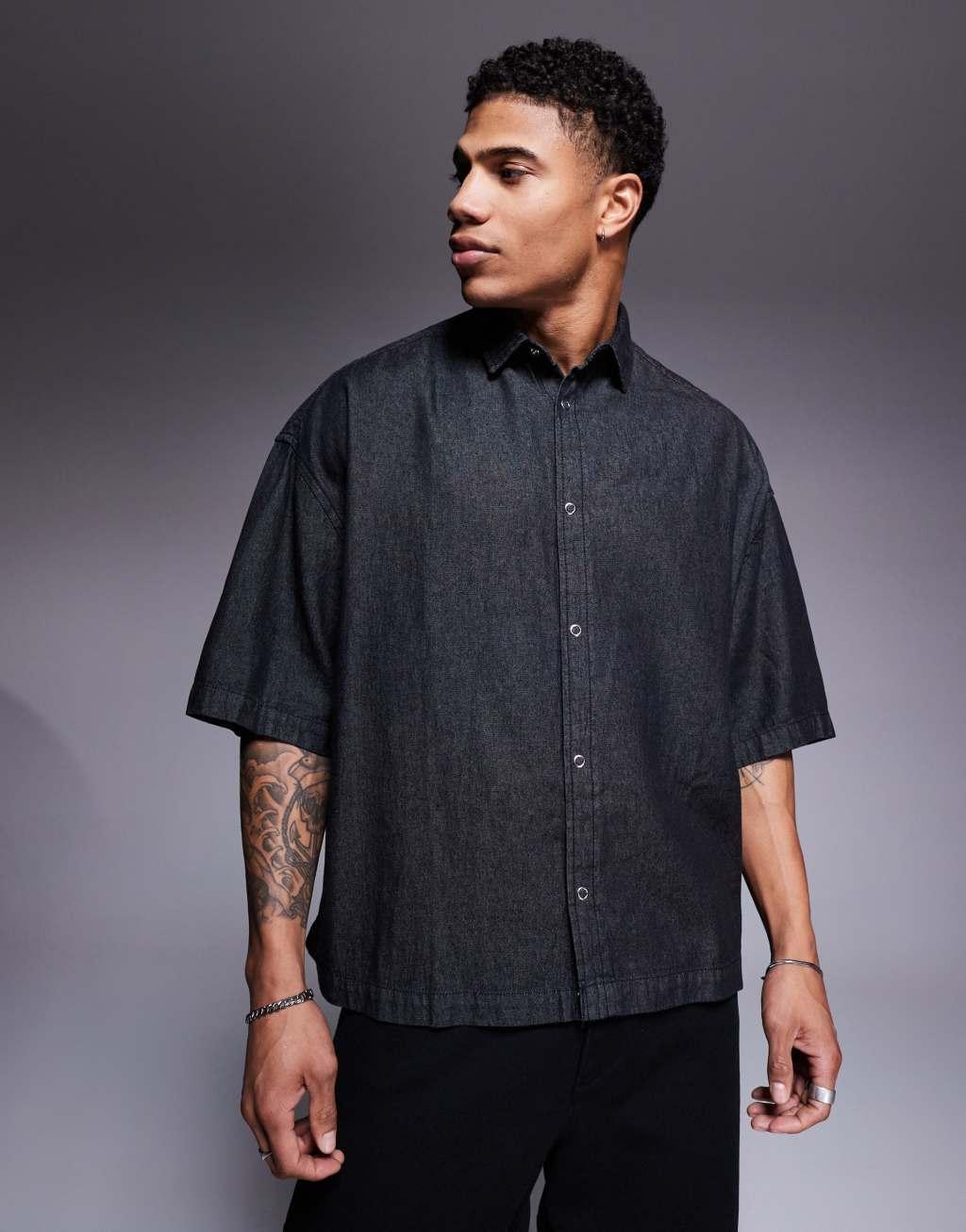 ASOS DESIGN boxy denim regular shirt in black Product Image