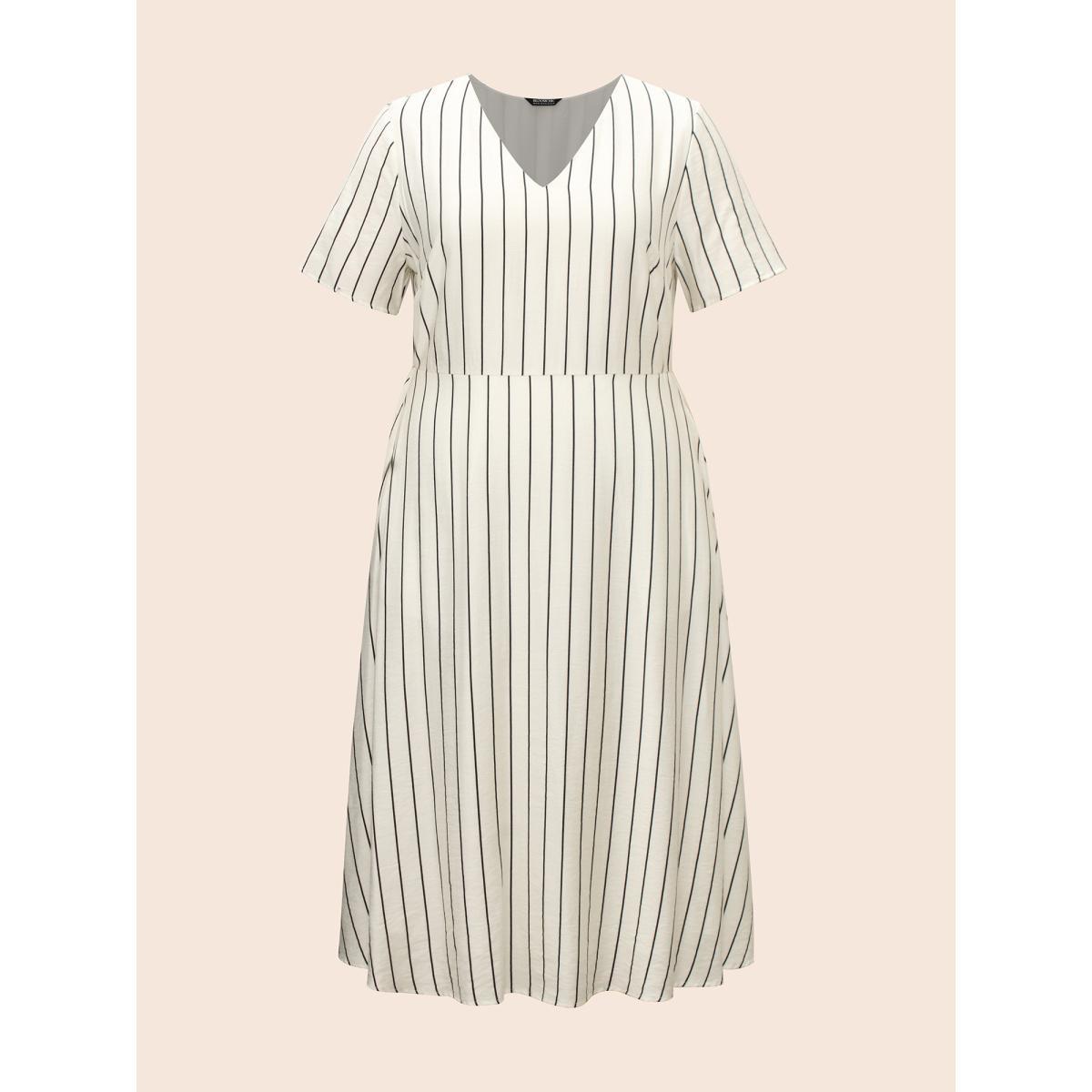 Plus Size Striped V Neck Pocket Midi Dress Ivory Women Casual Non V-neck Short sleeve Curvy BloomChic 26/4X Product Image
