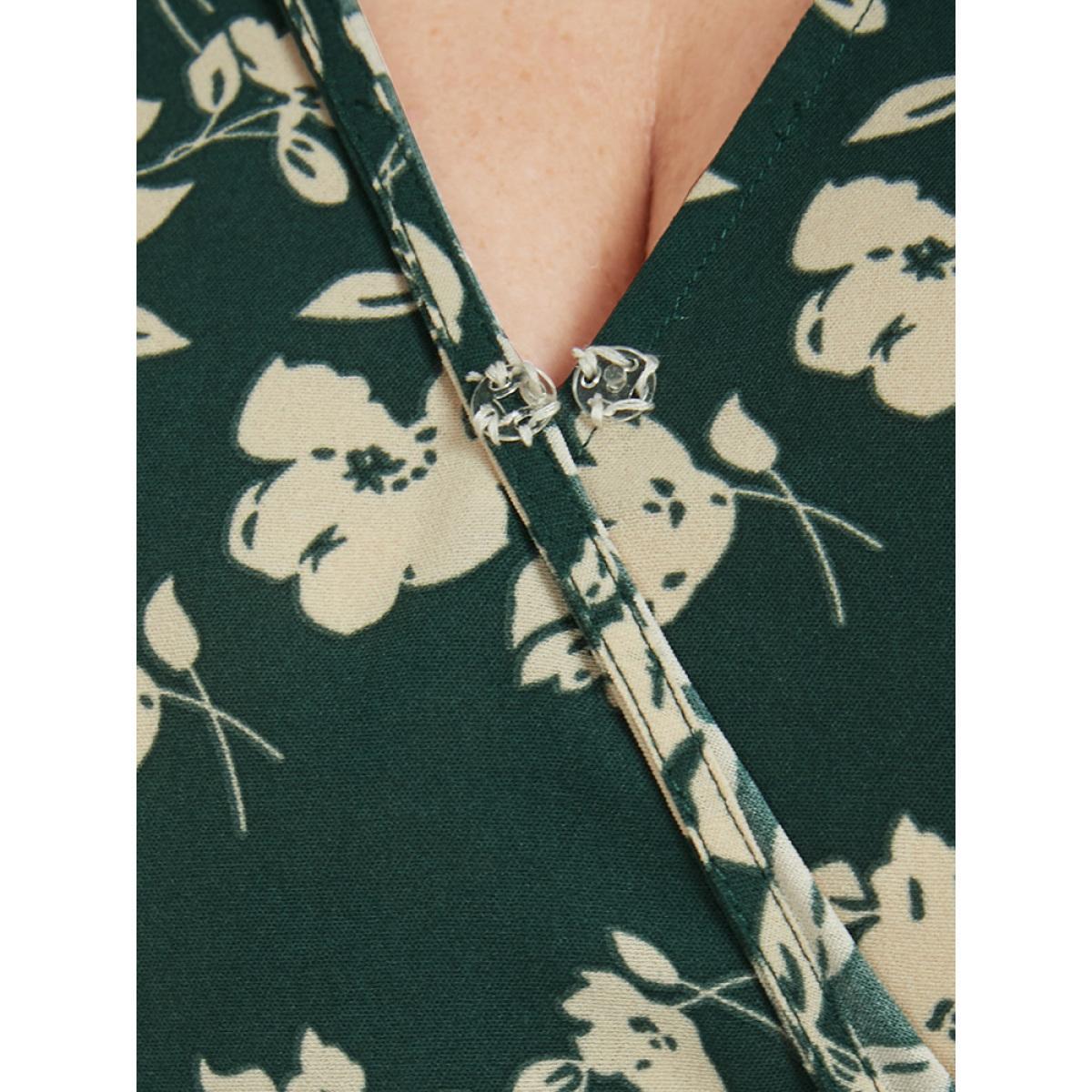 Plus Size Floral Belted Button Ruffled Wrap Knee Dress Green Women Elegant Printed V-neck Short sleeve Curvy Knee Dress BloomChic 26/4X Product Image