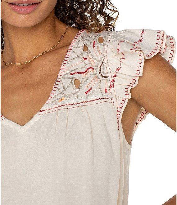 Liverpool Los Angeles Woven V-Neck Cap Sleeve Embroidered Top Product Image