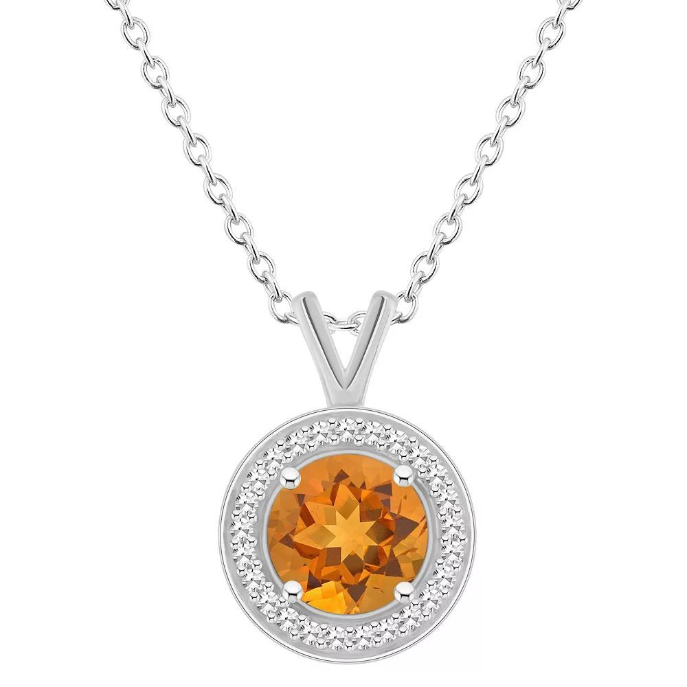 Celebration Gems Sterling Silver Round Gemstone & 1/8 Carat T.W. Diamond Halo Pendant Necklace, Women's, Size: 18", Citrine Product Image