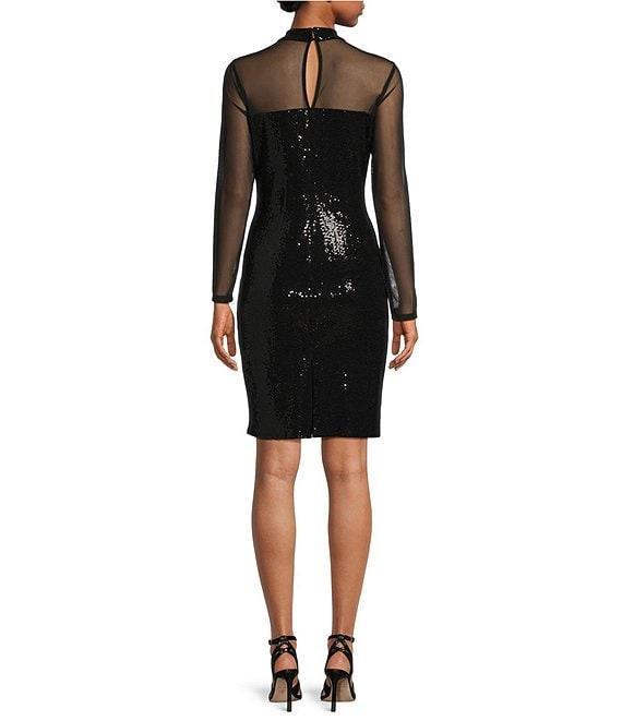 Marina Mesh Disco Dot Mock Neck Long Sleeve Cocktail Bodycon Dress Product Image