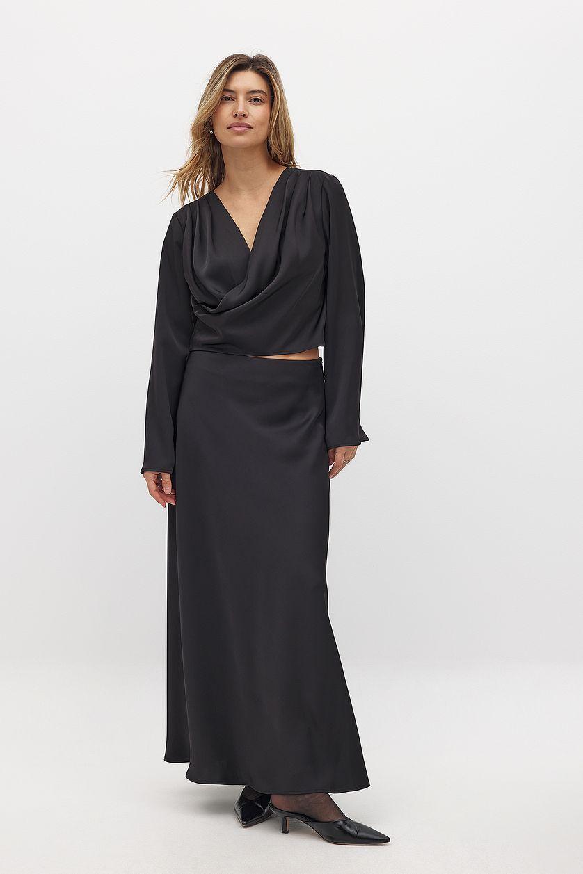Asymmetric Overlap Long Sleeve Satin Top Product Image