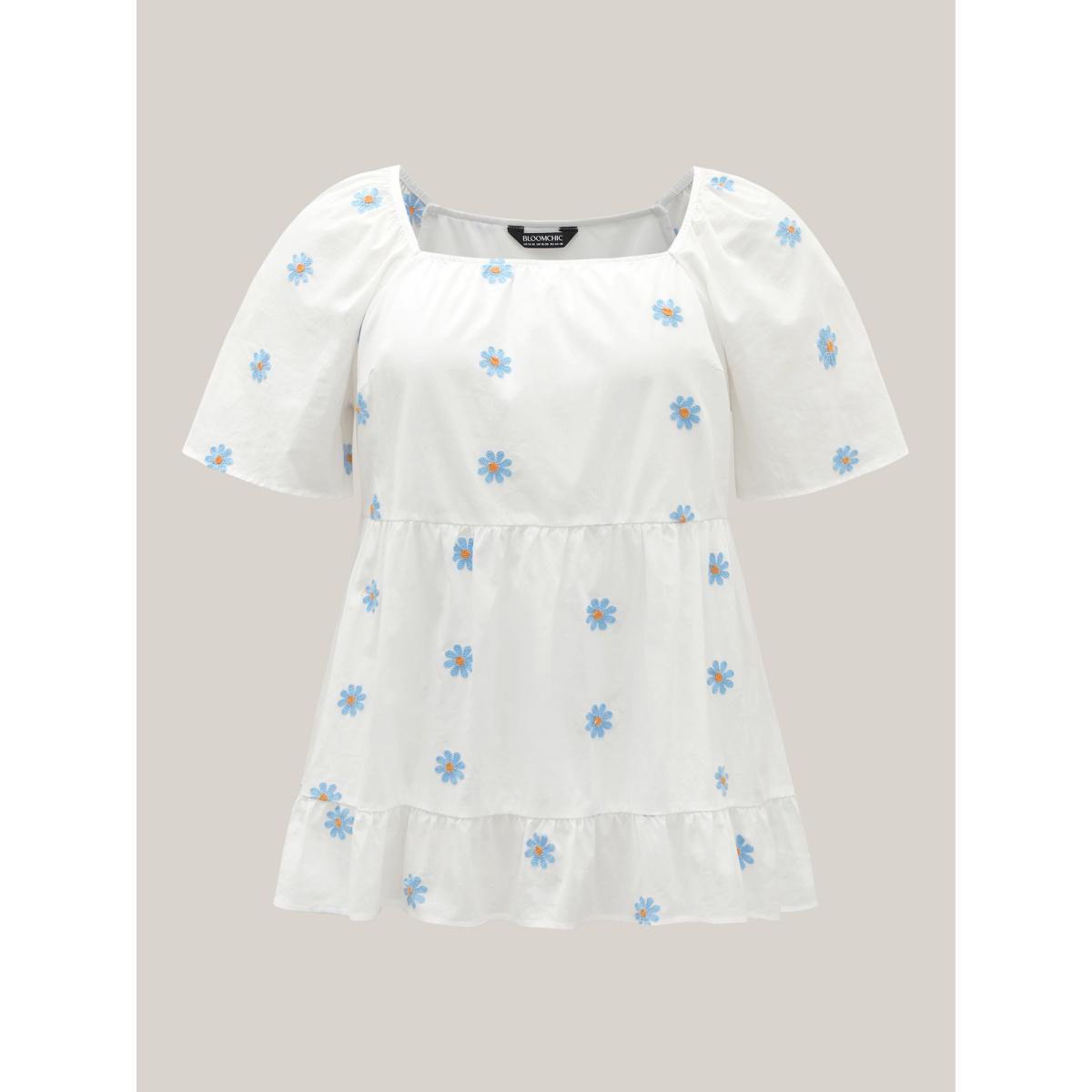 Plus Size WhiteSmoke Floral Embroidered Ruffled Hem Doll Shirt Women Elegant Short sleeve Square Neck Everyday Blouses BloomChic 28/5X Product Image