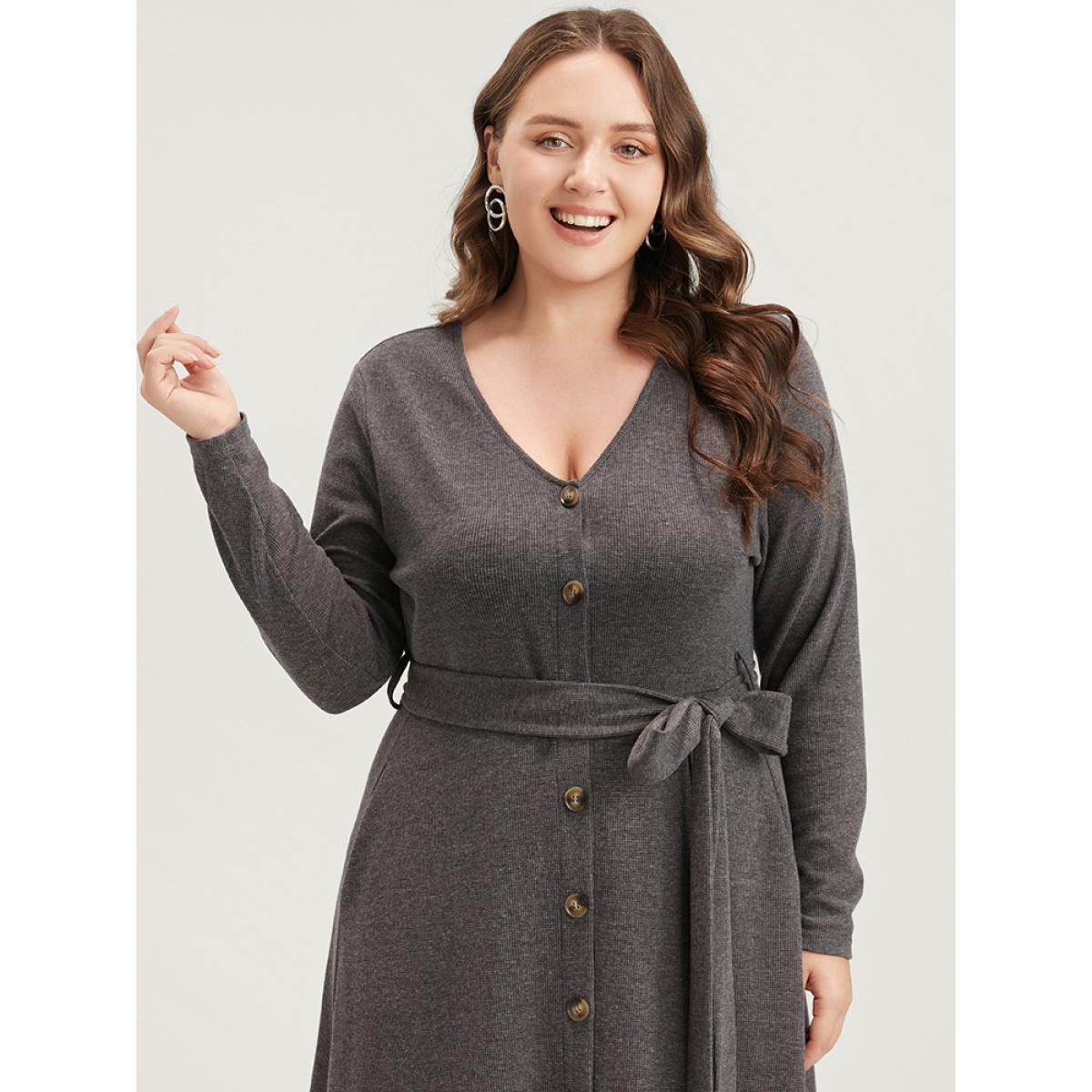 Plus Size Solid Pocket Button Up Belted Rib Knit Dress DarkGray Women Elegant Button V-neck Long Sleeve Curvy Midi Dress BloomChic 26/4X Product Image