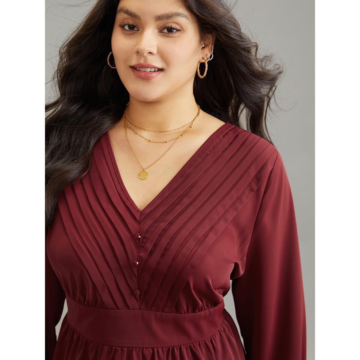 Plus Size Scarlet Static-Free Pleated Button Detail Lantern Sleeve Blouse Women Office Long Sleeve V-neck Work Blouses BloomChic 18-20/2X Product Image