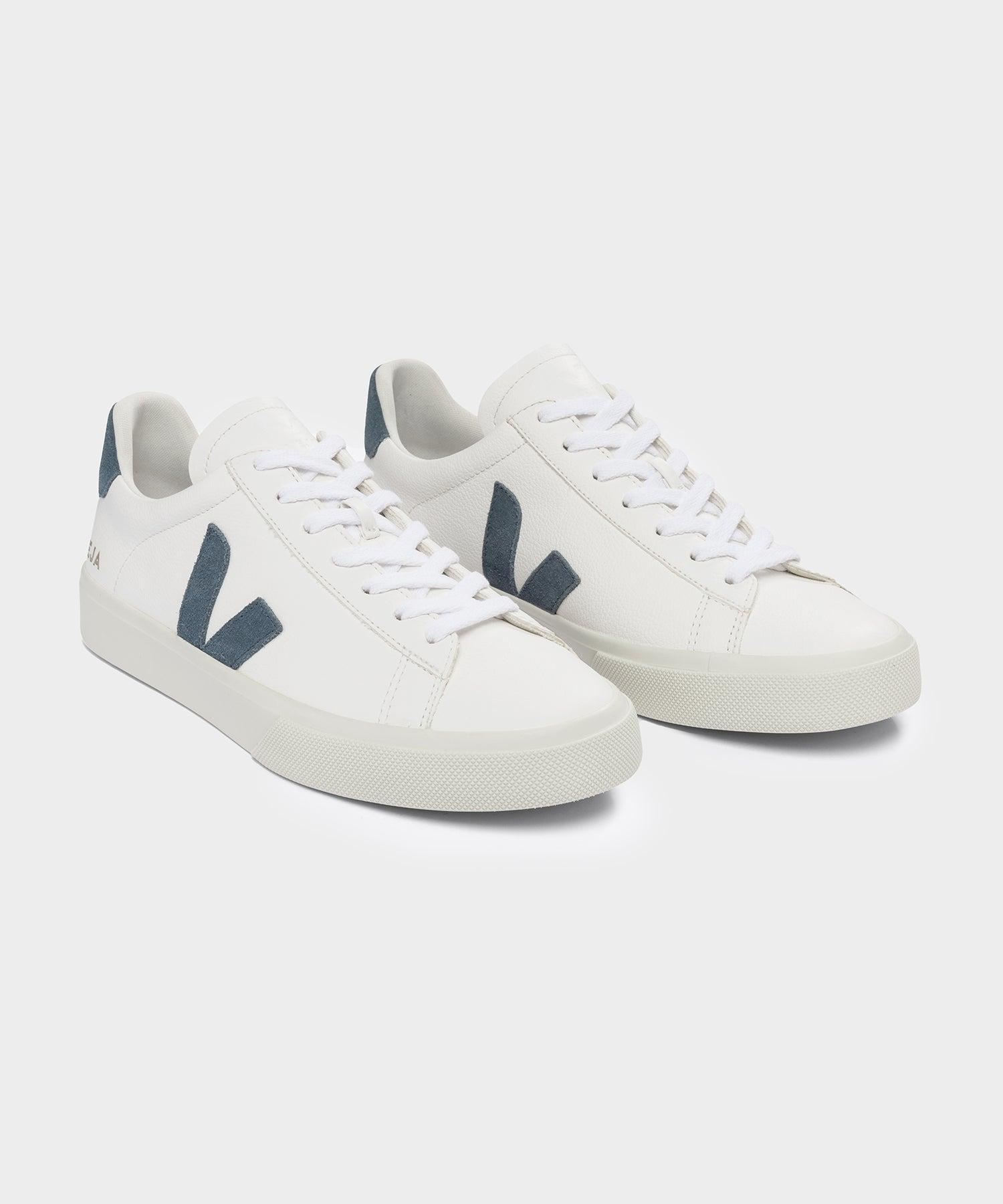 Veja Campo Low Top Leather Sneakers in White + California Blue Product Image