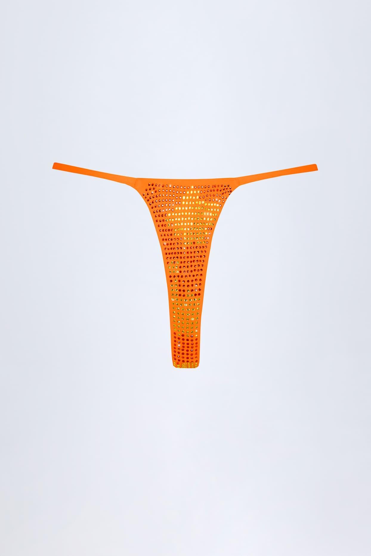 Embellished Thong Bikini Bottoms in Orange Tropical Hotfix Product Image