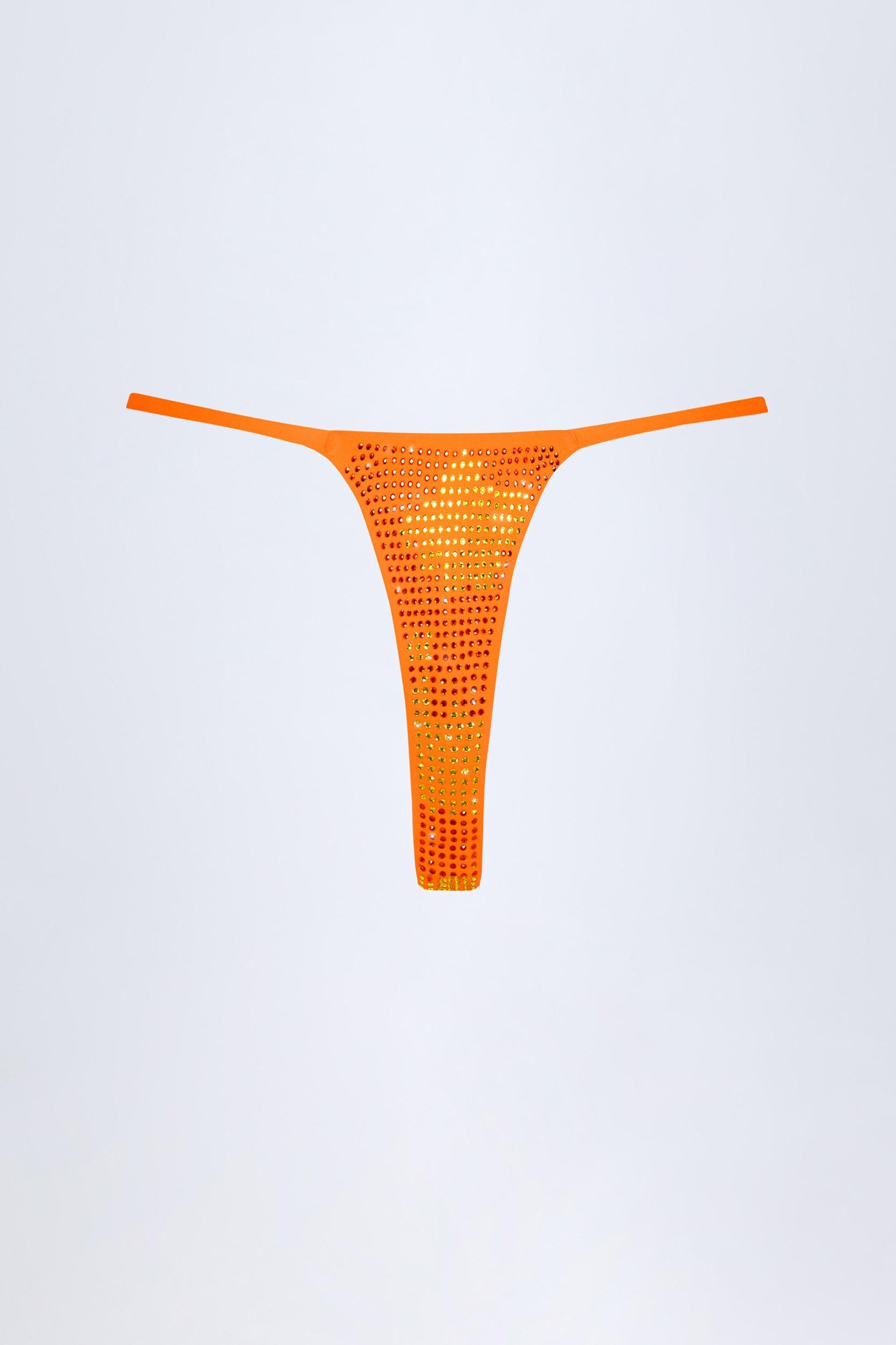 Embellished Thong Bikini Bottoms in Orange Tropical Hotfix Product Image