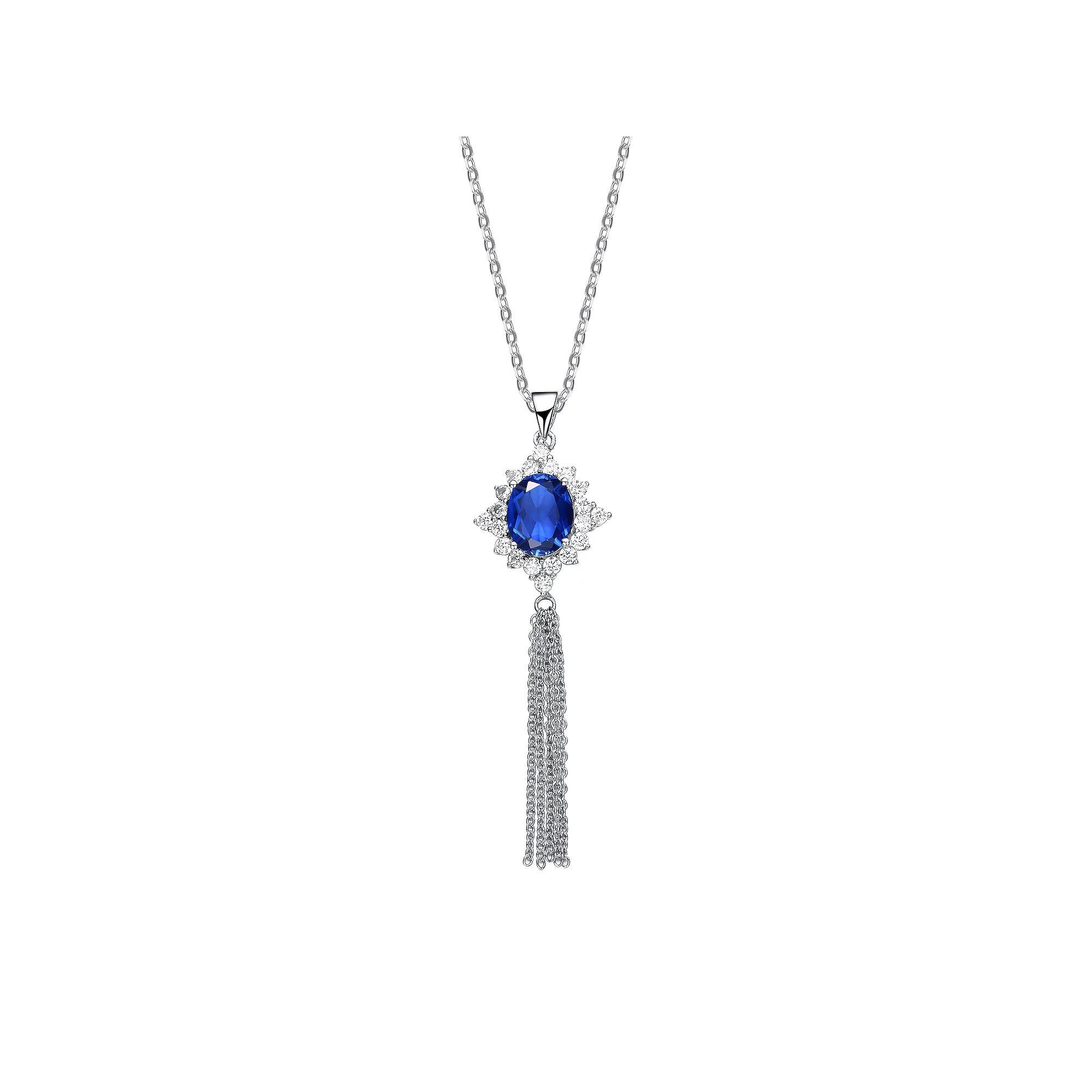 Sterling Silver Blue Cubic Zirconia Tassel Pendant Necklace, Womens Product Image