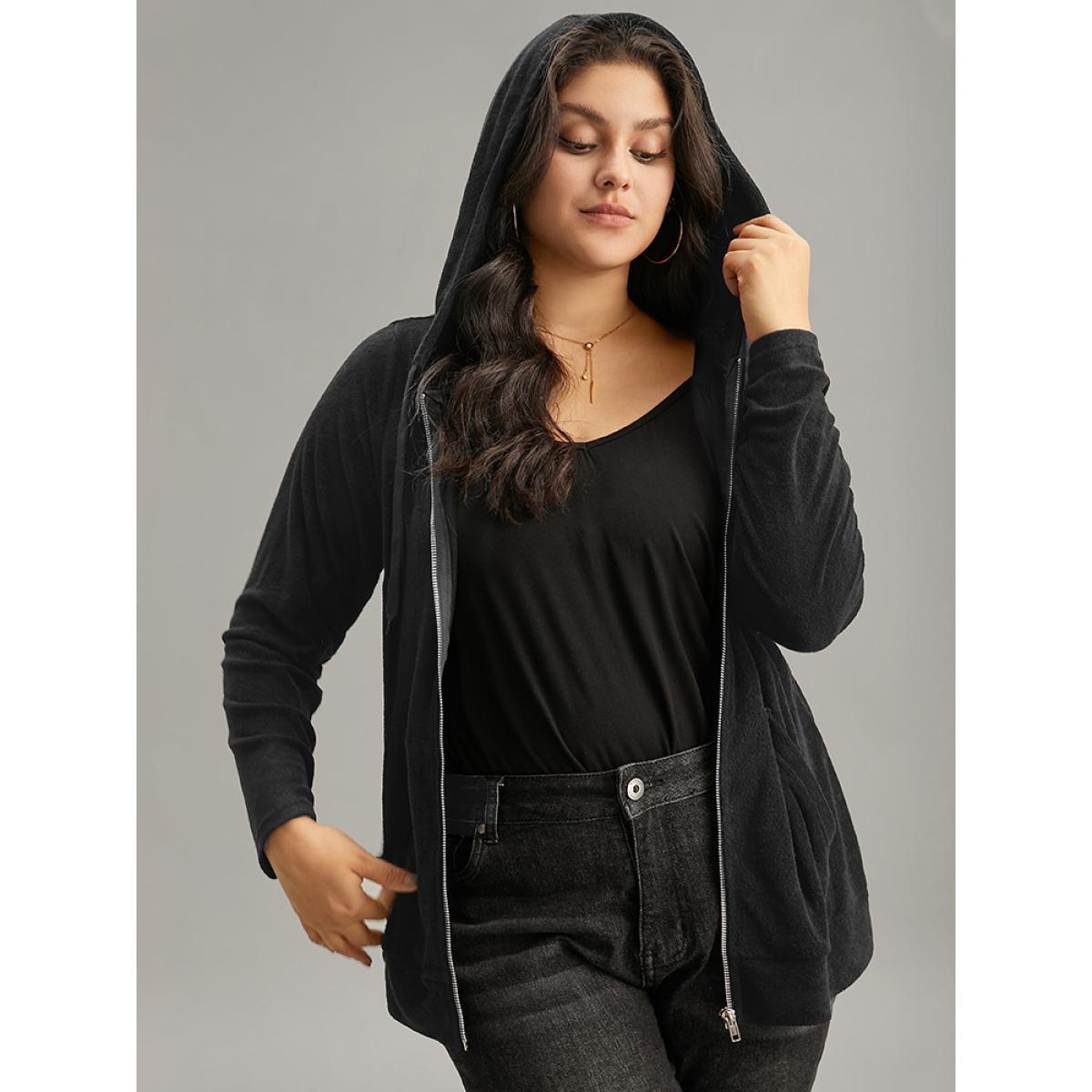 Plus Size Supersoft Essentials Solid Terry Hooded Zipper Sweatshirt Women Black Casual Plain Hooded Dailywear Sweatshirts BloomChic 22-24/3X Product Image
