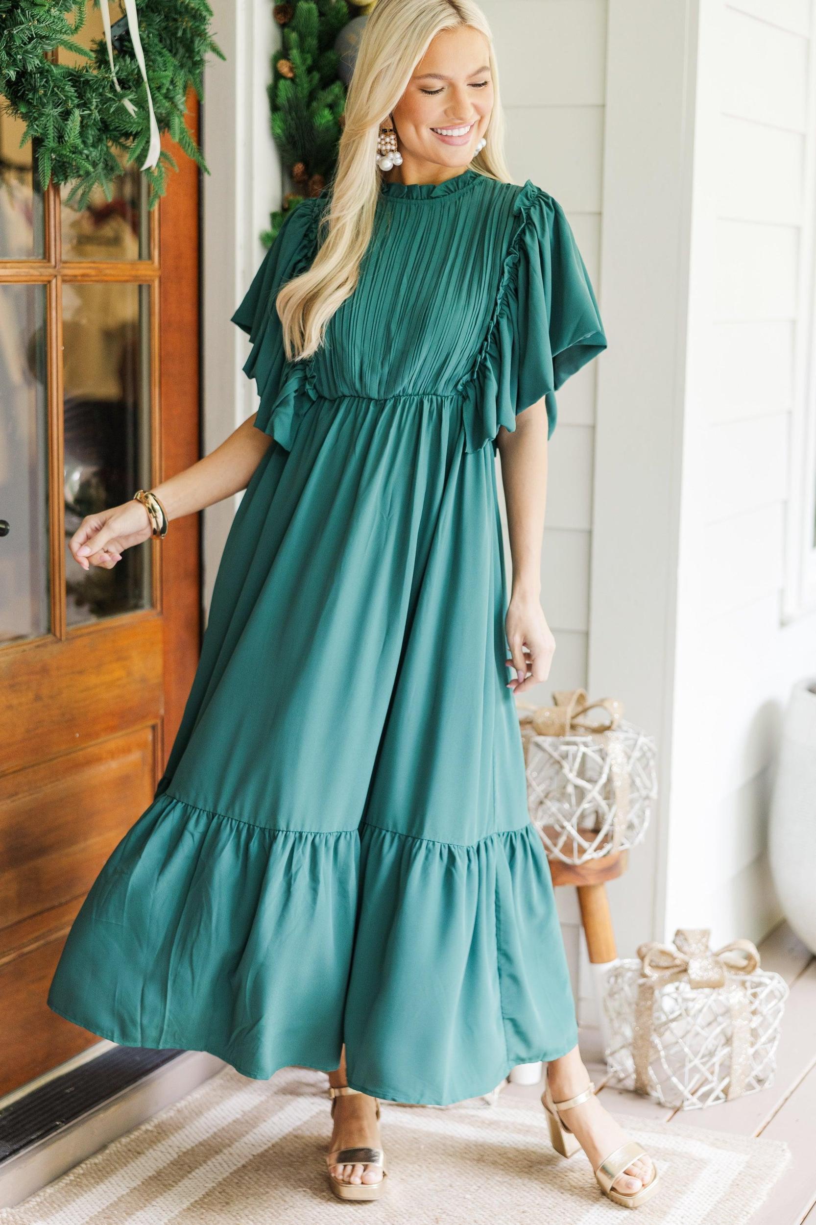 All The Good Emerald Green Ruffled Midi Dress Female Product Image