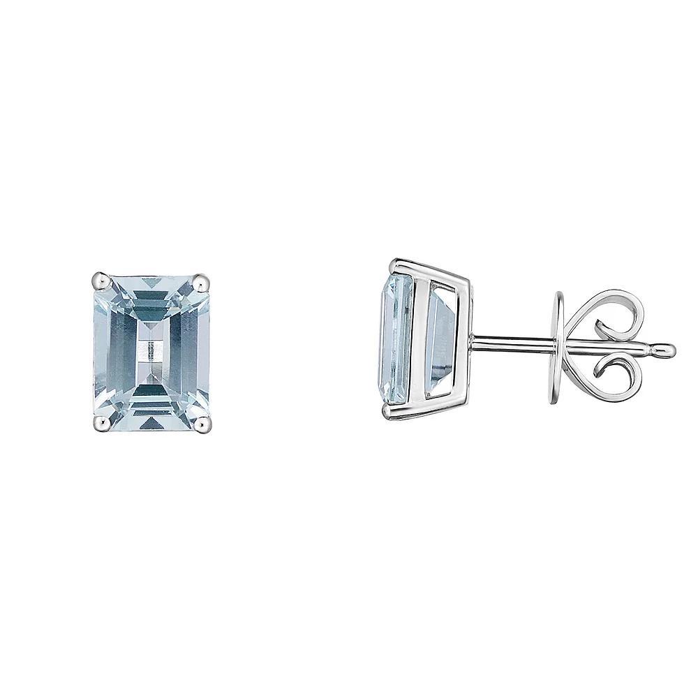 Sterling Silver Emerald Cut Aquamarine Stud Earrings, Womens Product Image