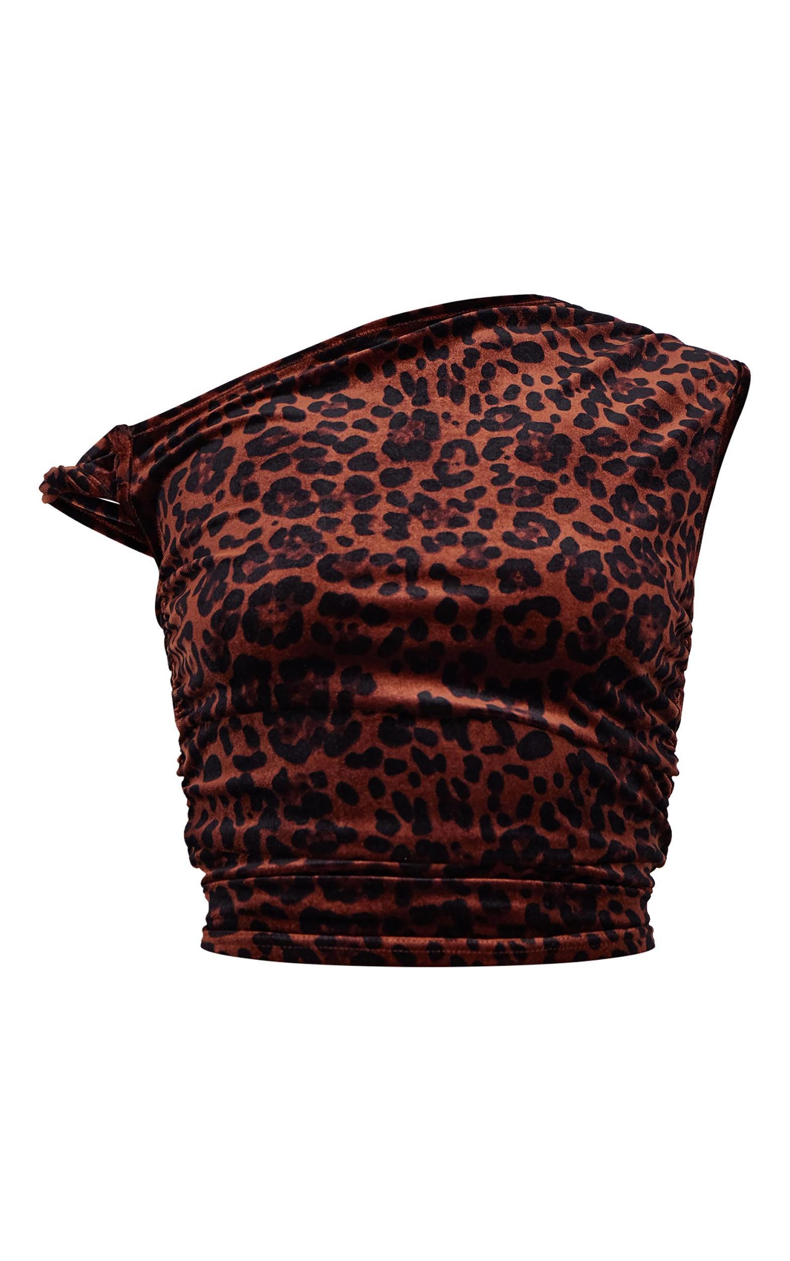 Brown Velvet Leopard Printed Asymmetric Shoulder Detail Long Top Product Image