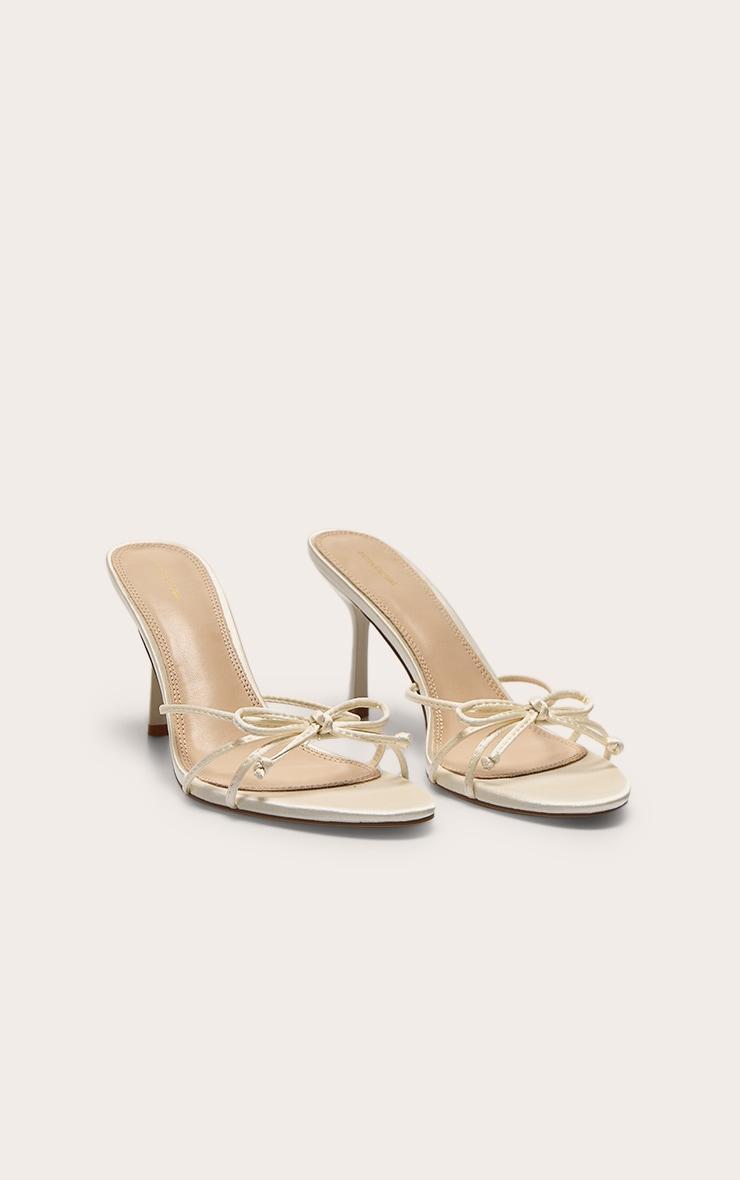 Ivory Satin Round Toe Bow Detail Mid Stiletto Heeled Mules Product Image