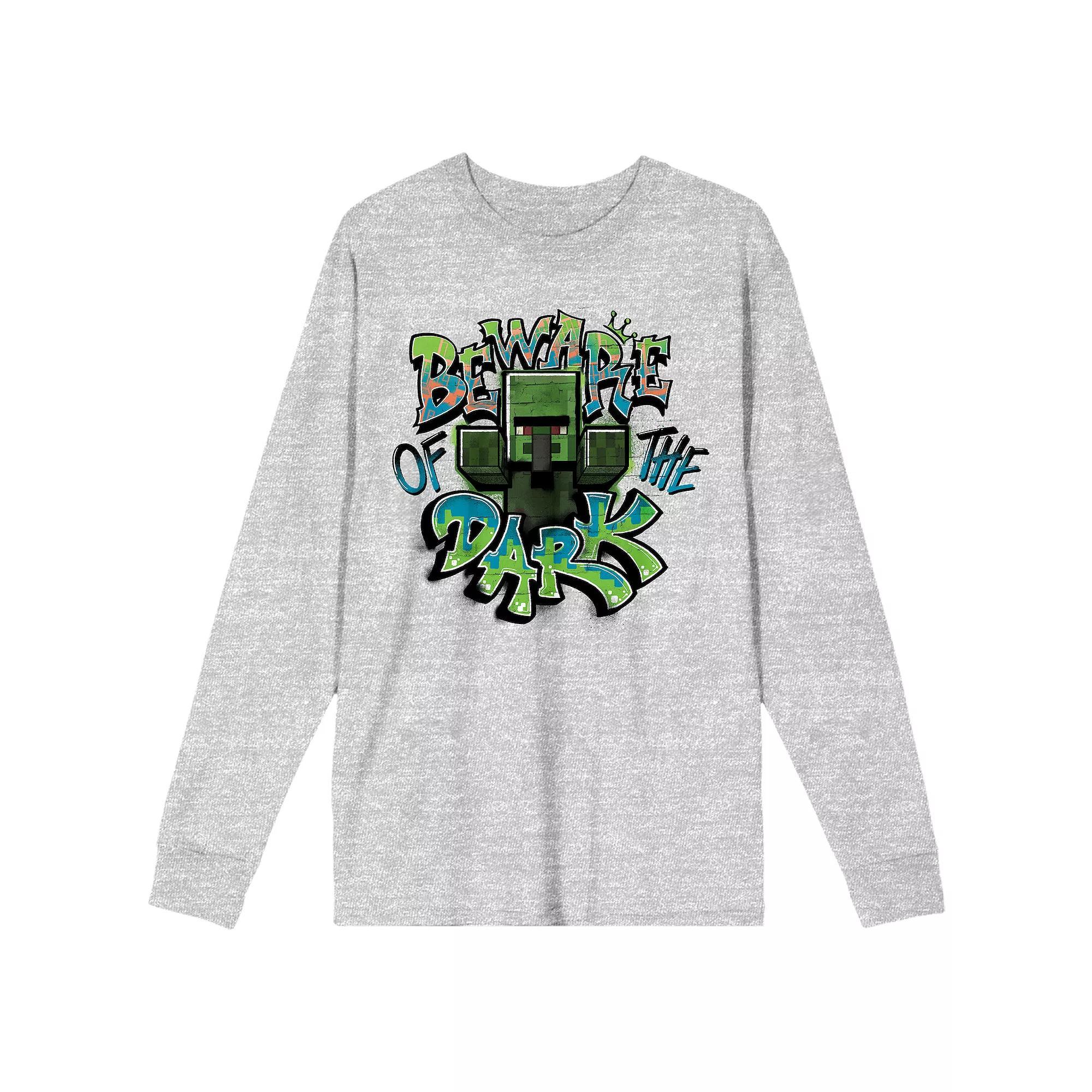 Men's Minecraft Zombie Villager Beware Of The Dark Long Sleeve Tee, Size: Large, Gray Product Image
