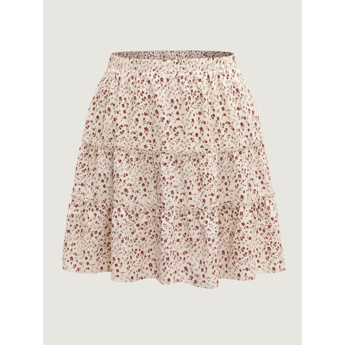 Plus Size Ditsy Floral Print Ruffled Midi Skirt Women Apricot Casual Loose No stretch Side seam pocket Everyday-Casual Skirts BloomChic 28/5X Product Image
