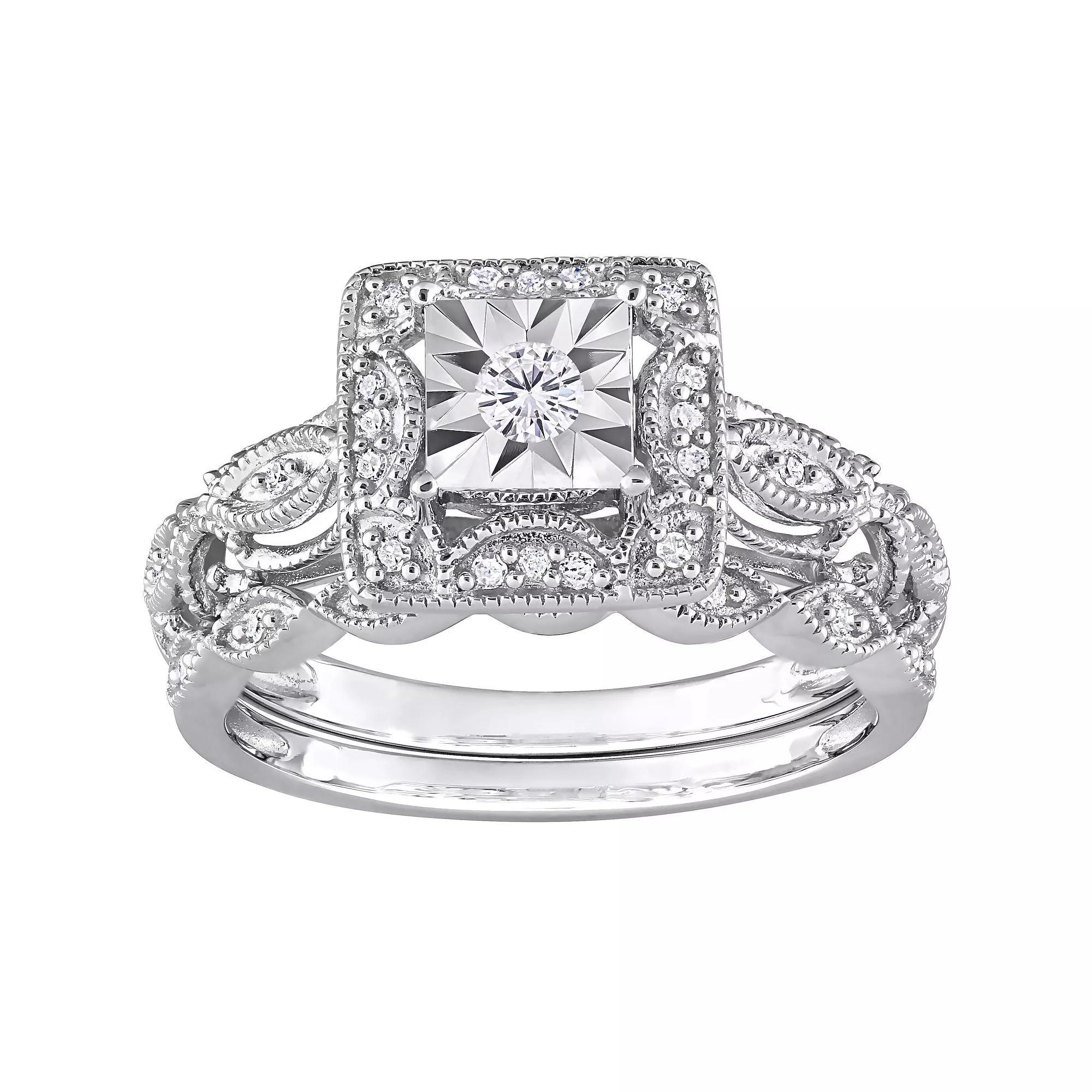 Stella Grace Sterling Silver 1/5 Carat T.W. Diamond Square Halo Engagement Ring Set, Women's, Size: 8 Product Image
