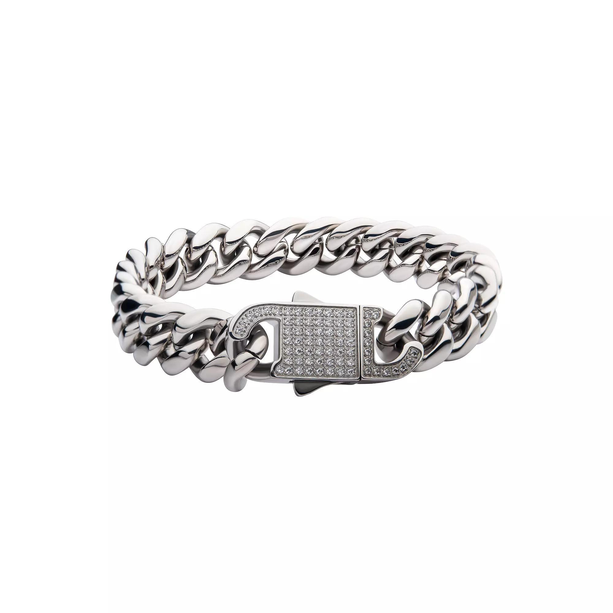 Stainless Steel Curb Chain & Cubic Zirconia Clasp Bracelet, Men's, Size: 8.5", Silver Tone Product Image