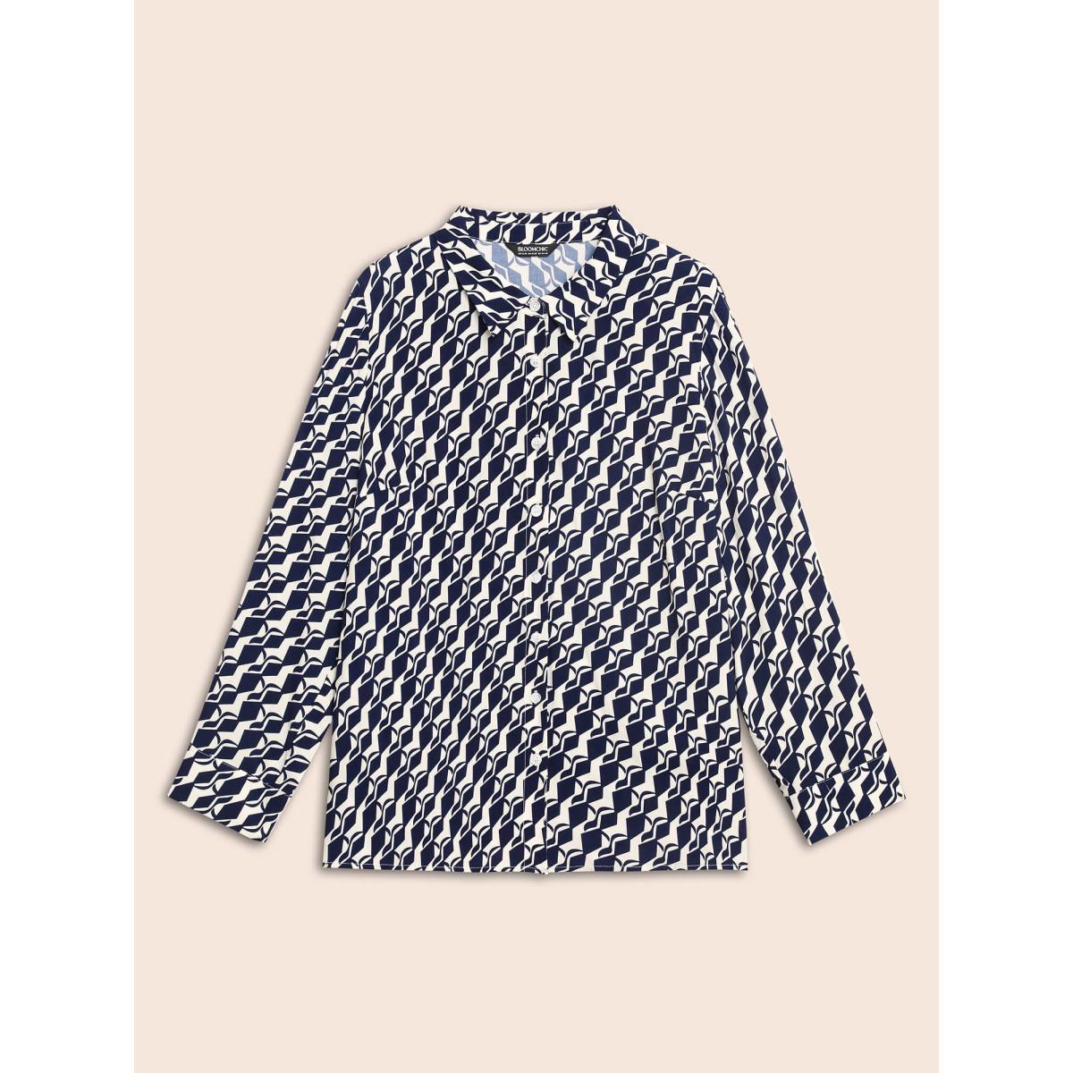 Plus Size Indigo Geometric Shirt Collar Pleated Blouse Women Elegant Long Sleeve Shirt collar Everyday Blouses BloomChic 22-24/3X Product Image