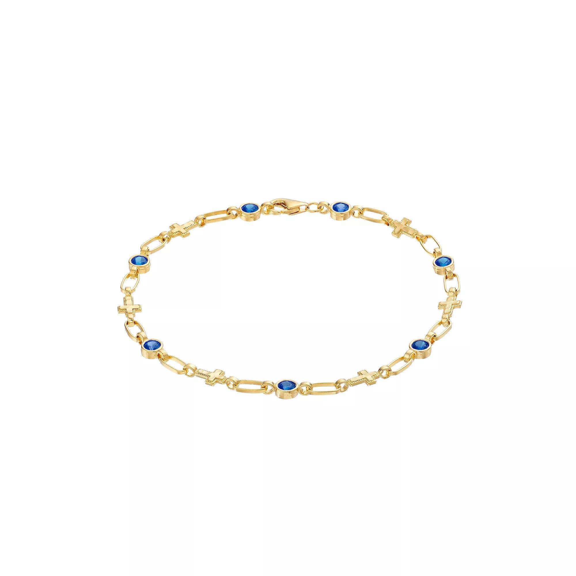 Kristen Kesho 18K Gold Plated Sterling Silver Lab-Created Blue Sapphire Cross Bracelet, Women's, Size: 7.5", Gold Tone Product Image