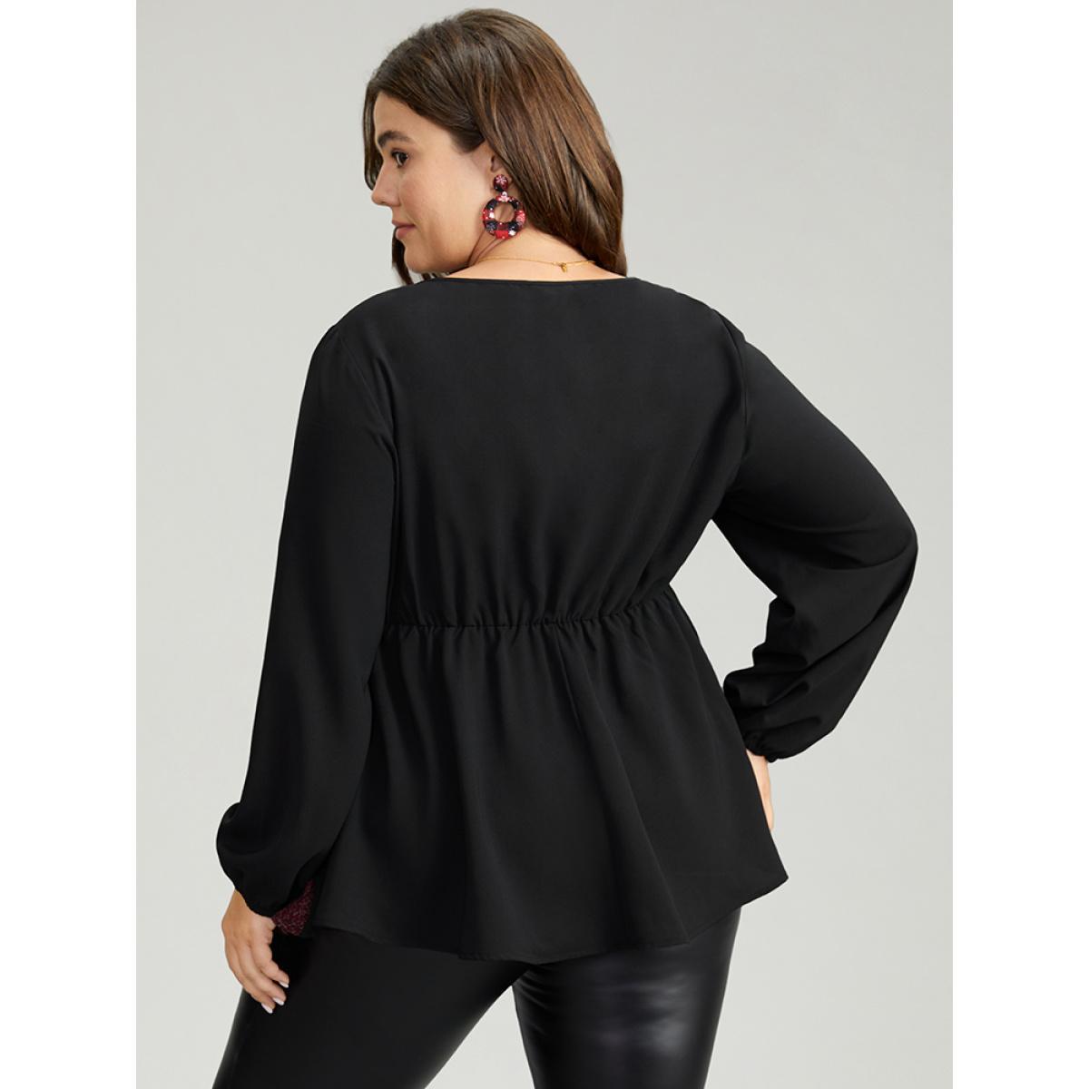 Plus Size Burgundy Contrast Patchwork Lantern Sleeve Elastic Waist Blouse Women Elegant Long Sleeve Round Neck Festival-Christmas Blouses BloomChic 22-24/3X Product Image