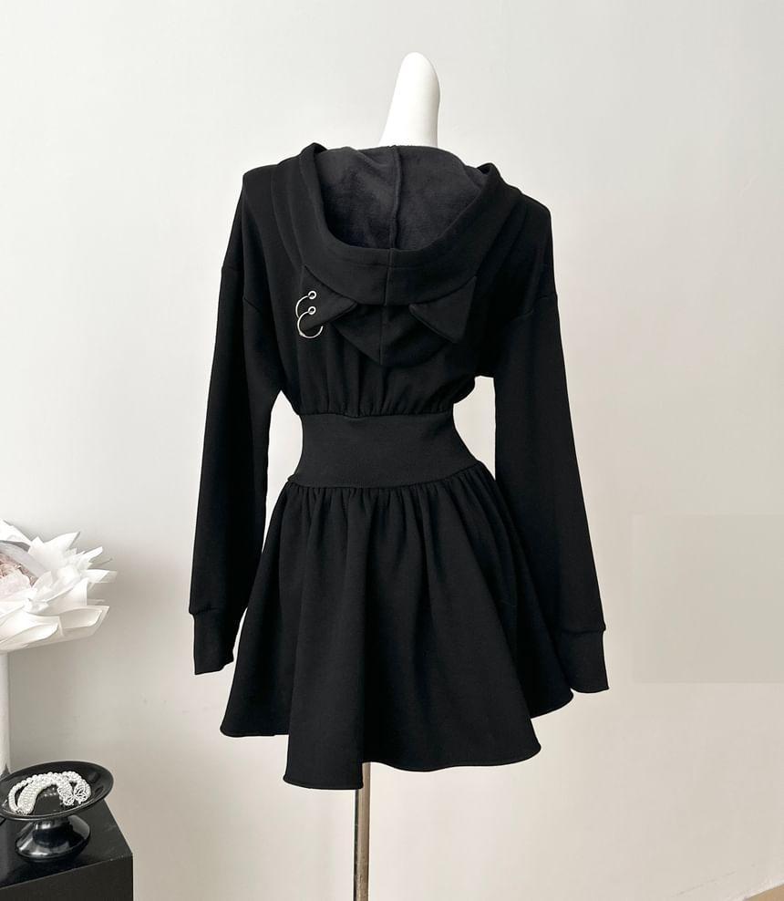 Long Sleeve Plain Ear Detail Mini A-Line Hoodie Dress Product Image