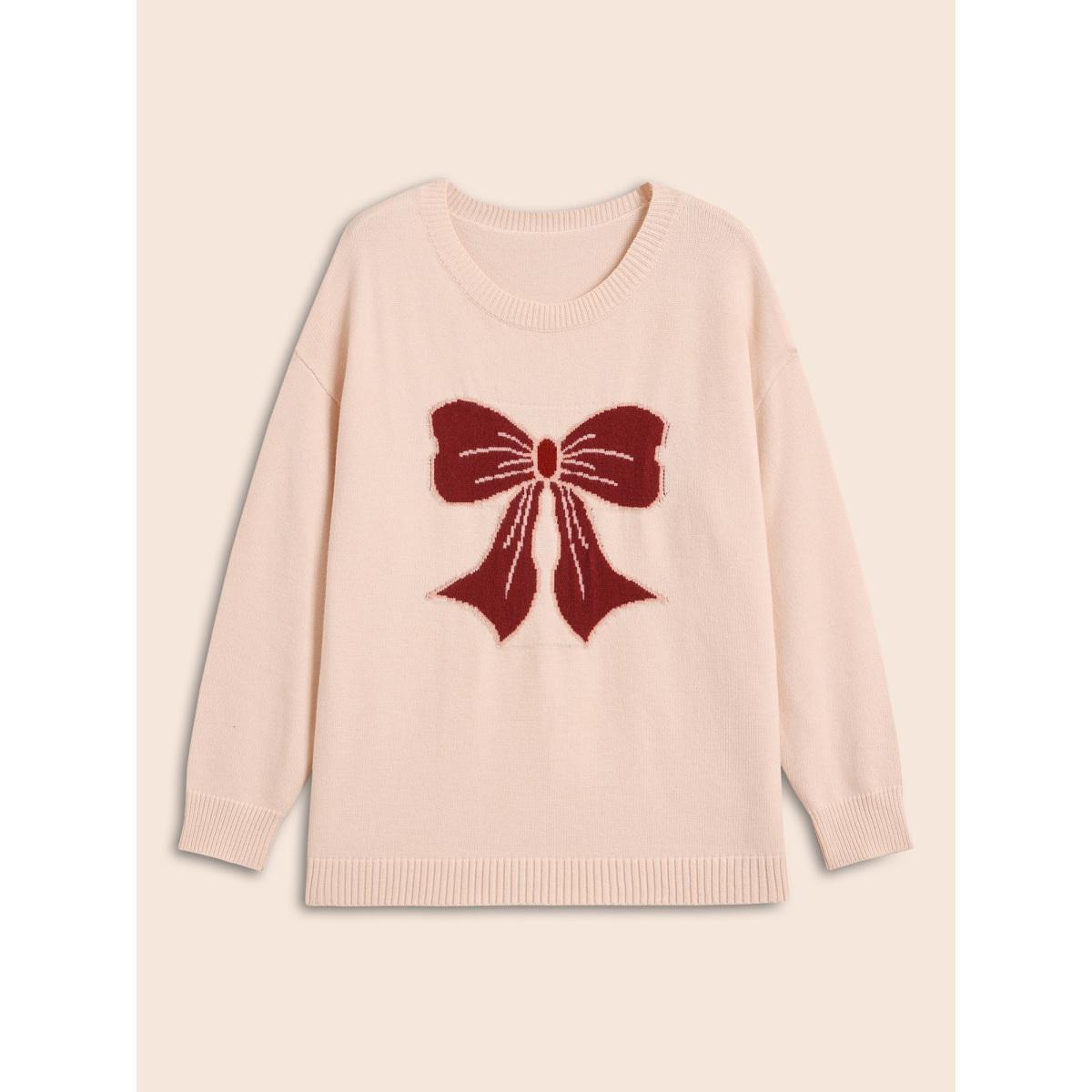 Plus Size Embroidered Bow Tie Drop Shoulder Pullover MistyRose Women Casual Loose Long Sleeve Round Neck Everyday Pullovers BloomChic 18-20/2X Product Image