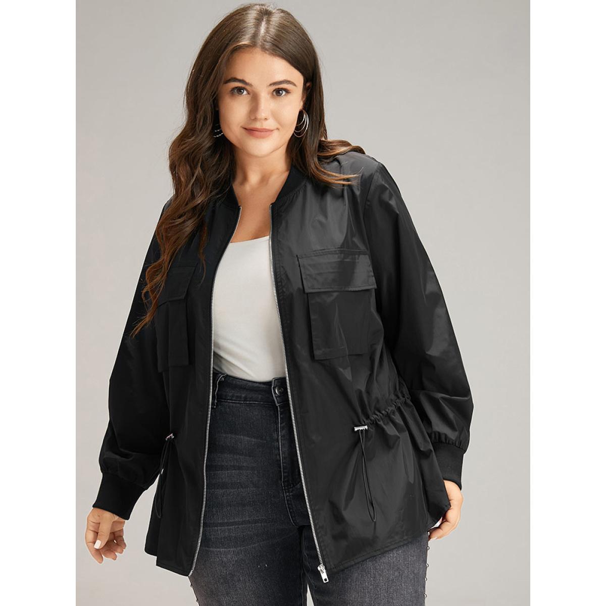 Plus Size Wind-Resistant Zipper Fly Drawstring Jacket Women Black Plain Pocket Dailywear Jackets BloomChic 28/5X Product Image