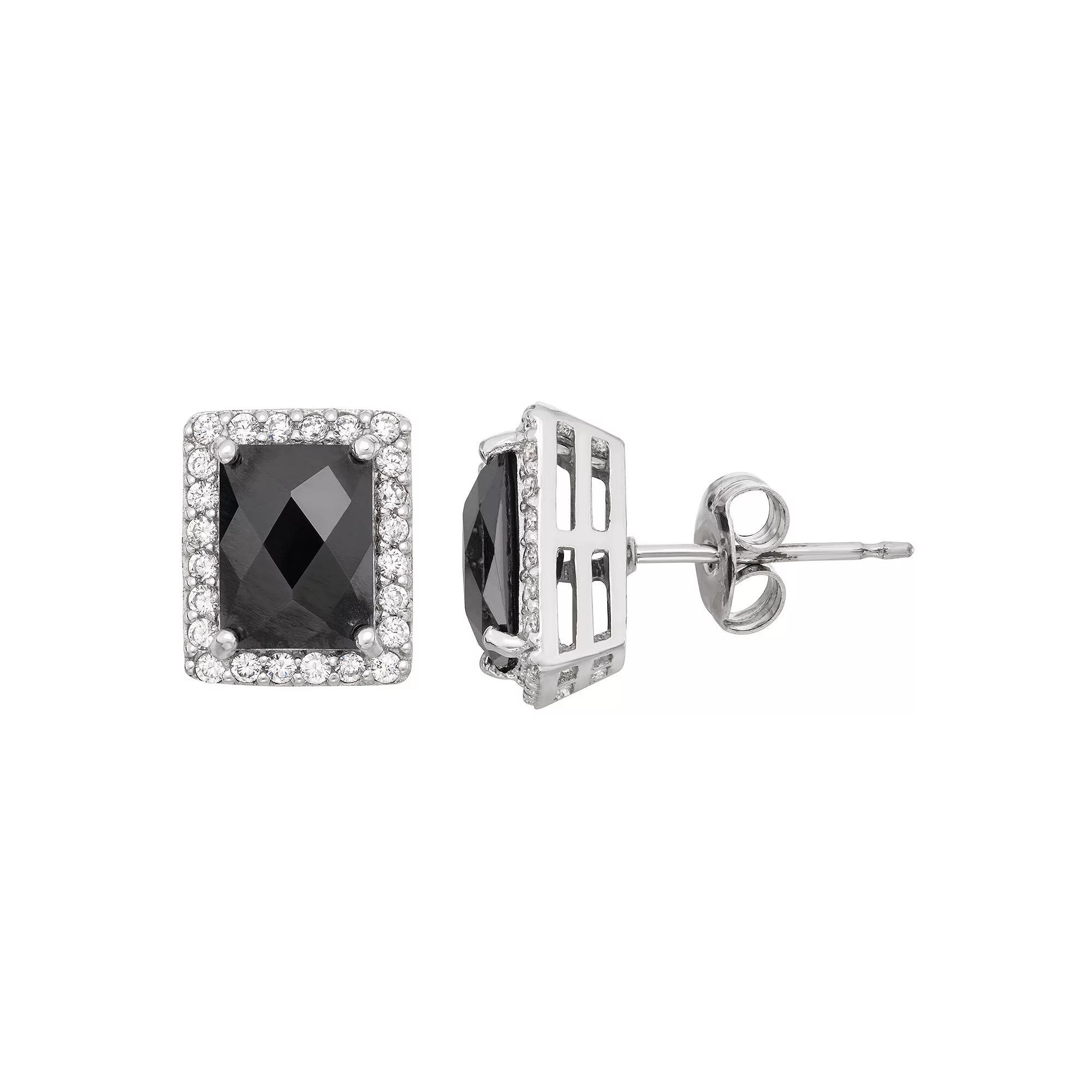 Sterling Silver Black Spinel & Lab-Created White Sapphire Halo Stud Earrings, Women's Product Image