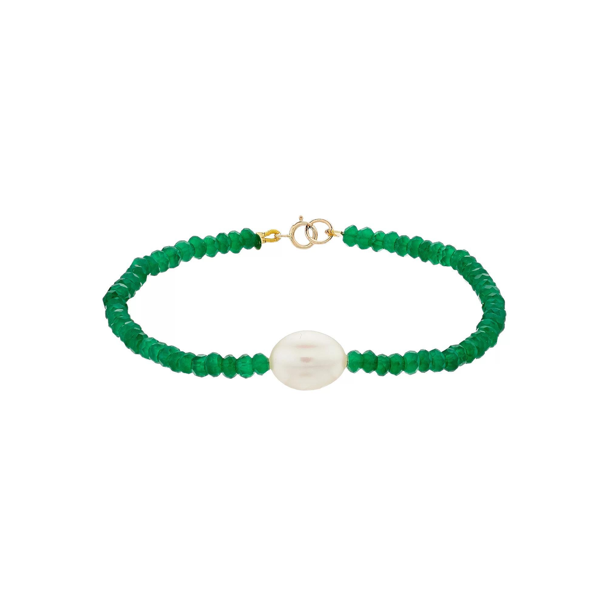Jewelmak 14k Gold Green Onyx Rondelle Freshwater Cultured Pearl Bracelet, Womens Product Image