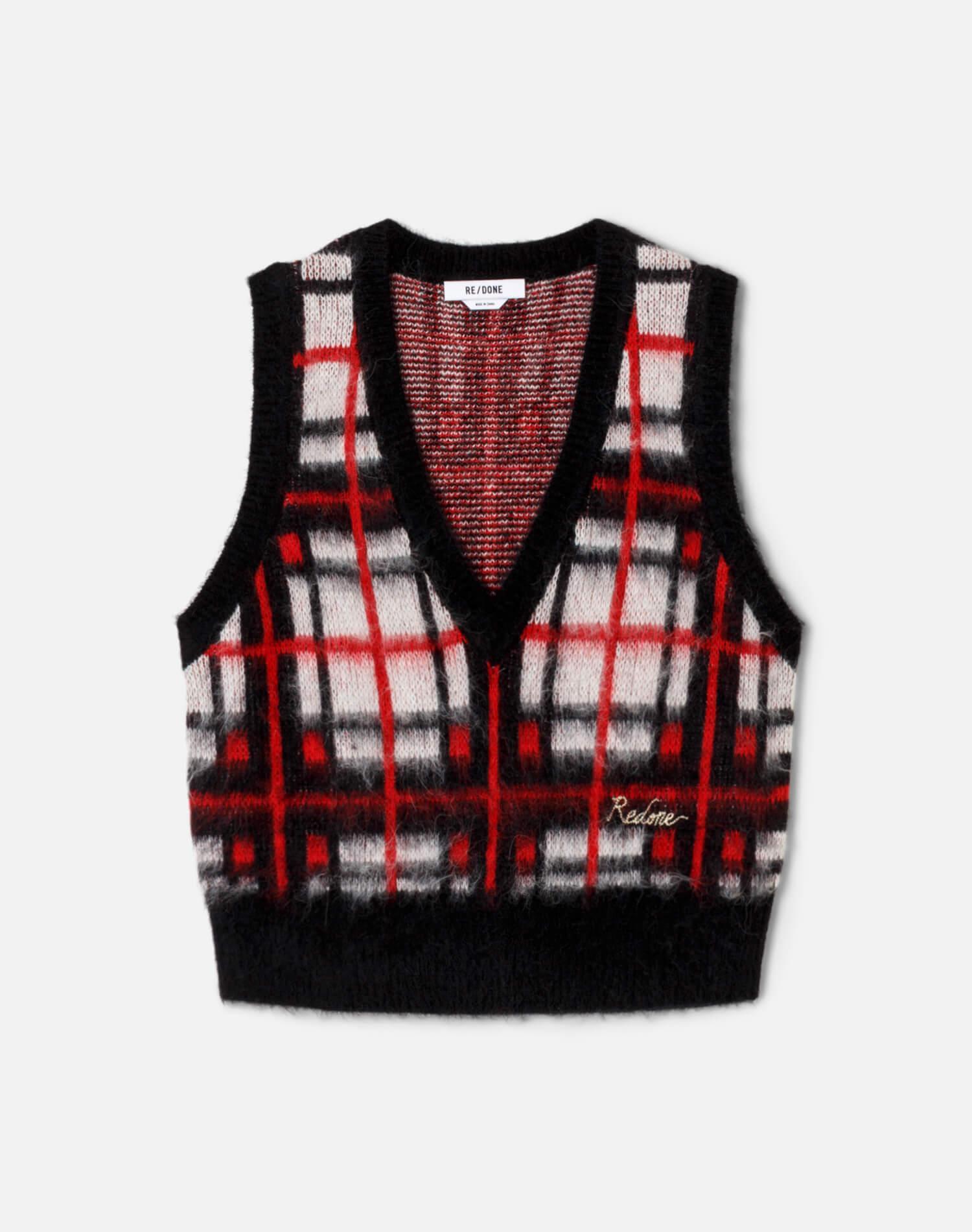 Tartan V Neck Vest - Black/Red/White Product Image