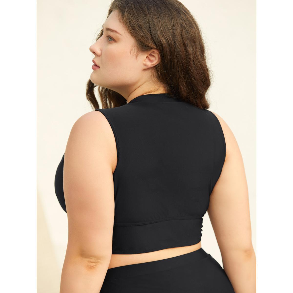 Plus Size Glide Lock Zipper Plain Fitted Swim Top Women's Swimwear Black Beach High stretch Skinny V-neck Curve Swim Tops BloomChic 10/M Product Image