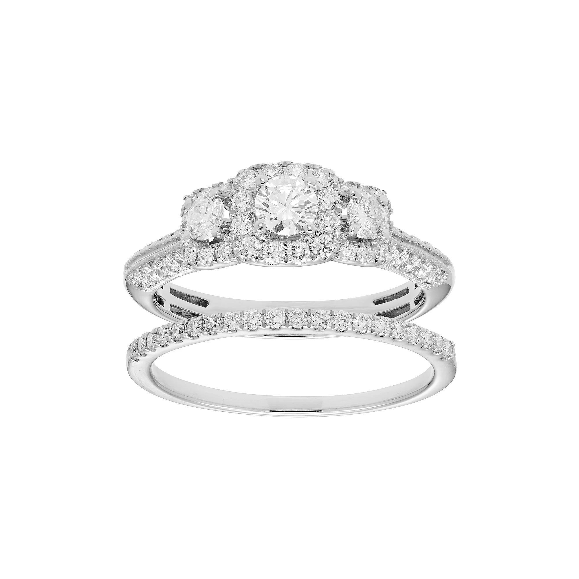 The Regal Collection 14k Gold 1 Carat T.W. IGL Certified Diamond 3-Stone Engagement Ring Set, Womens White Product Image