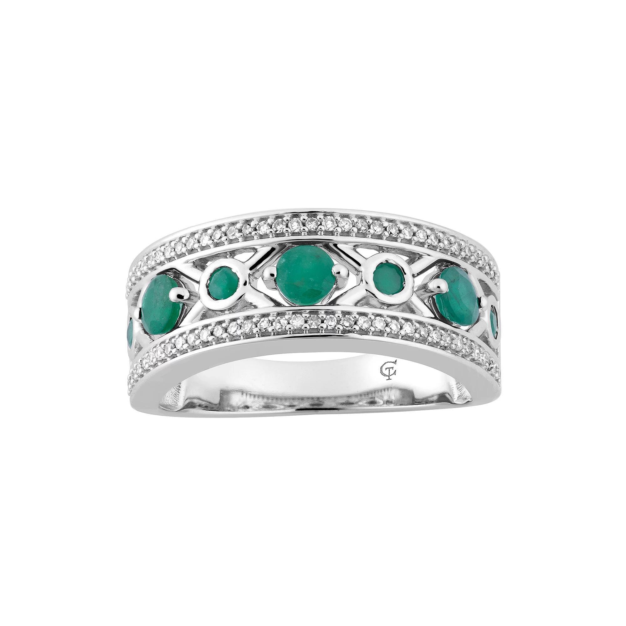 10k White Gold Emerald & 1/5 Carat T.W. Diamond "X" Ring, Women's, Size: 8, 10k Whgold Product Image
