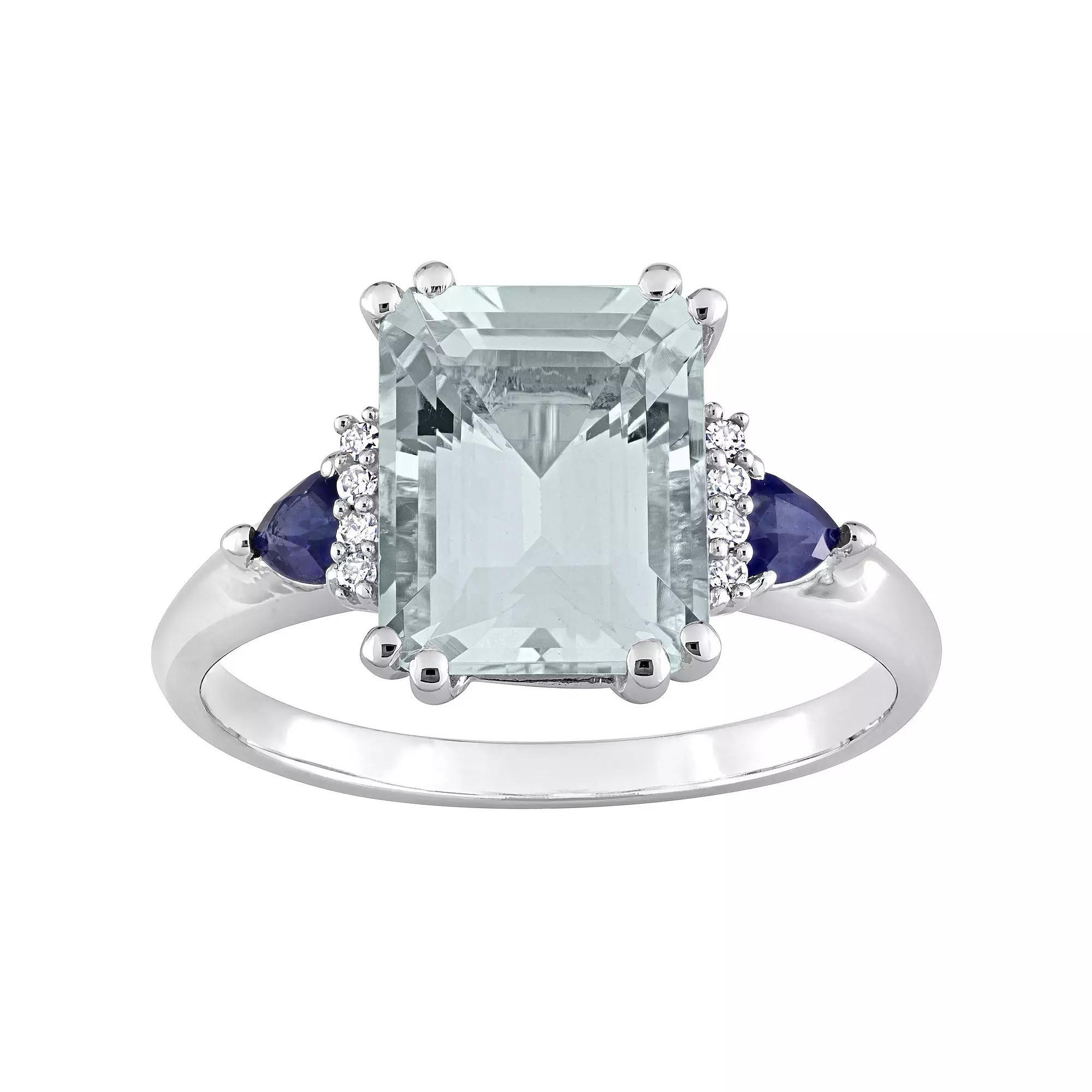 Stella Grace 14k White Gold Aquamarine, Blue Sapphire & Diamond Accent 3-Stone Ring, Women's, Size: 6 Product Image