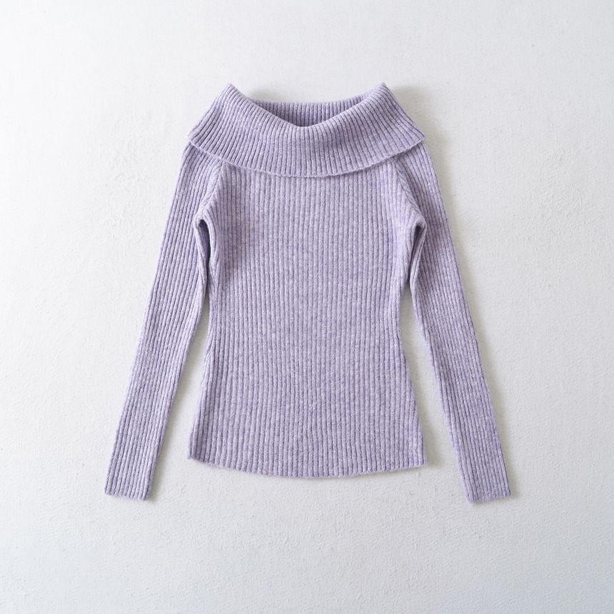 Off-Shoulder Long-Sleeve Plain Ribbed Knit Top Product Image