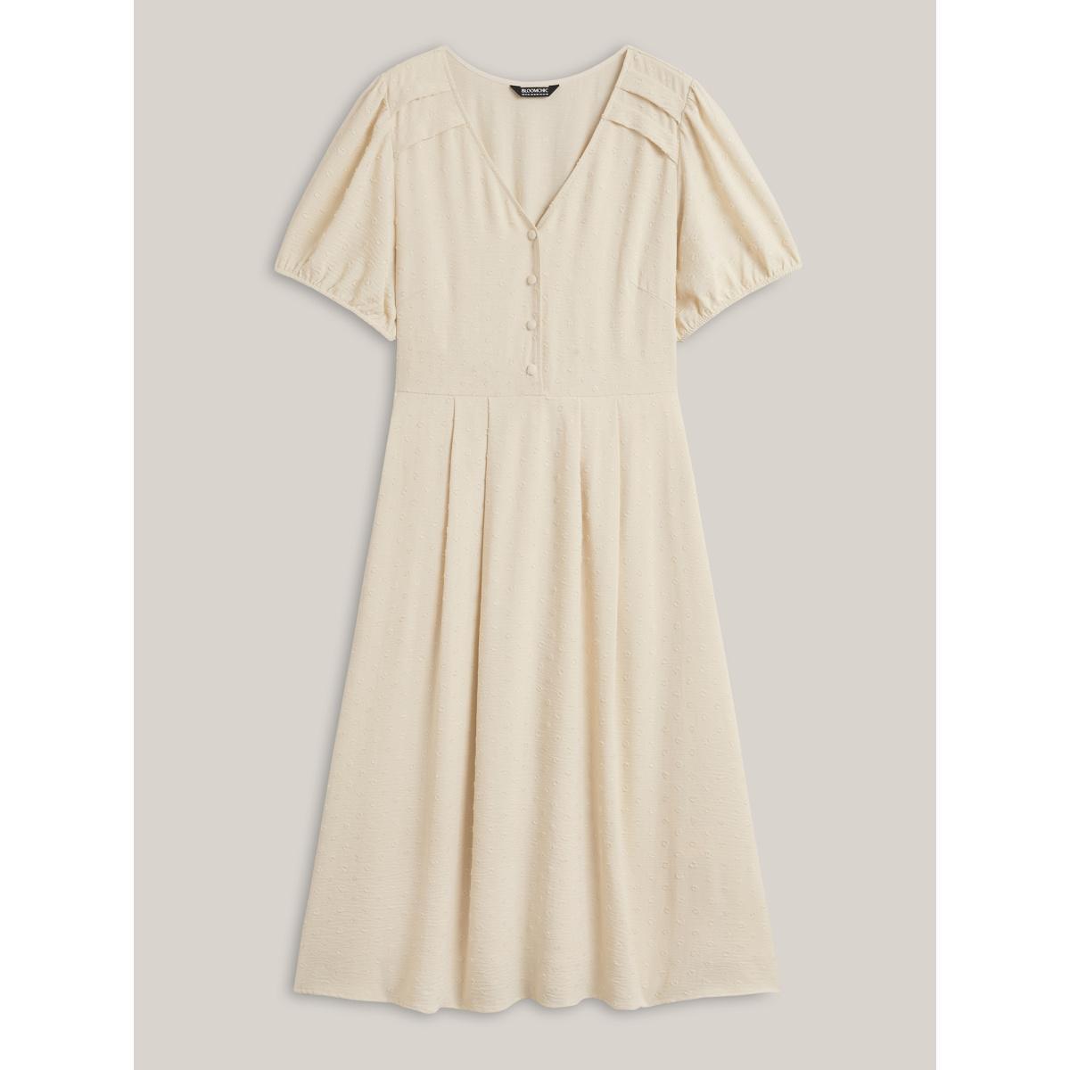 Plus Size Shoulder Pleats Textured Button Maxi Dress Apricot Women V-neck Short sleeve Curvy BloomChic 12/L Product Image