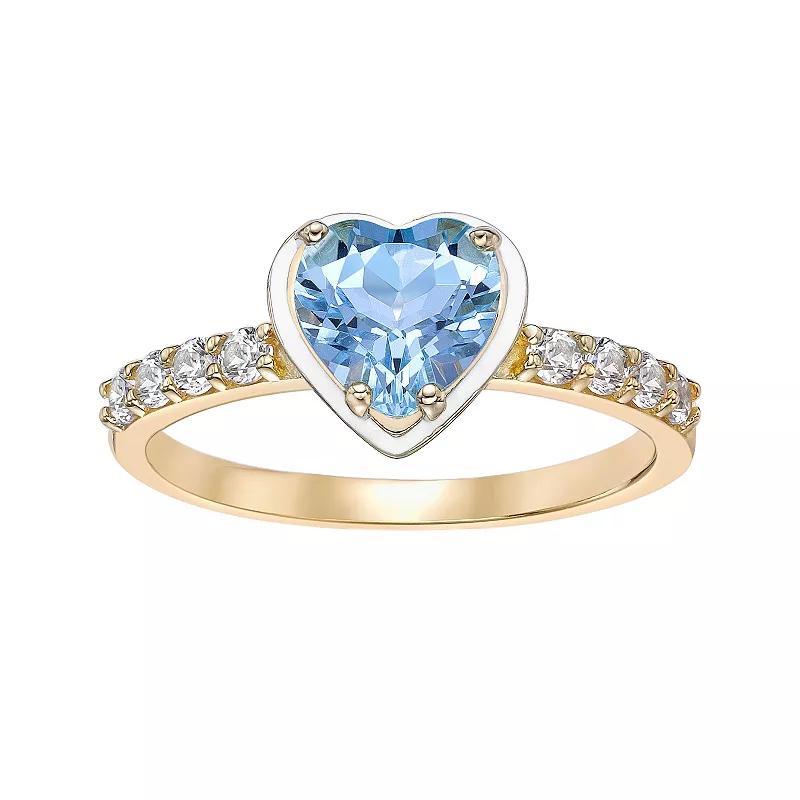 Gemminded 18k Gold Over Silver Blue Topaz & Lab-Created White Sapphire with White Enamel Heart Ring, Women's, Size: 6, Gold Tone Product Image