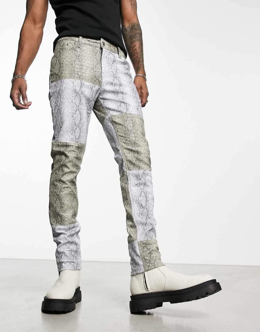 ASOS DESIGN skinny jeans in gray snake print croc leather look with contrast panels Product Image