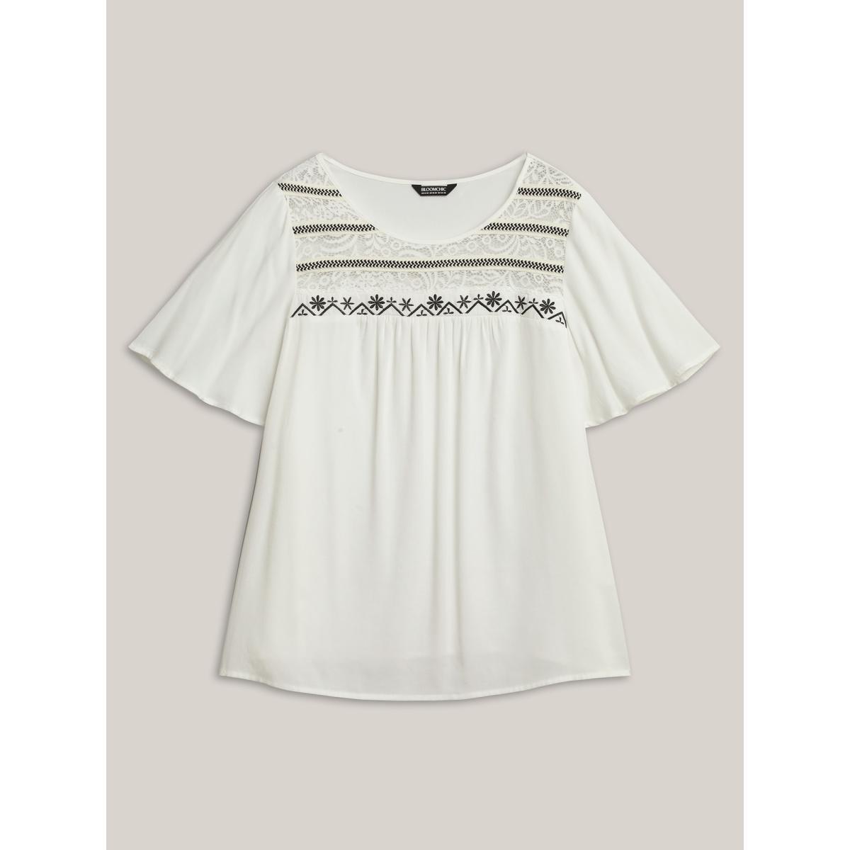 Plus Size WhiteSmoke Stretchy Boho Neck Cut-Out Blouse Women Short sleeve Round Neck Vacation Blouses BloomChic 28/5X Product Image