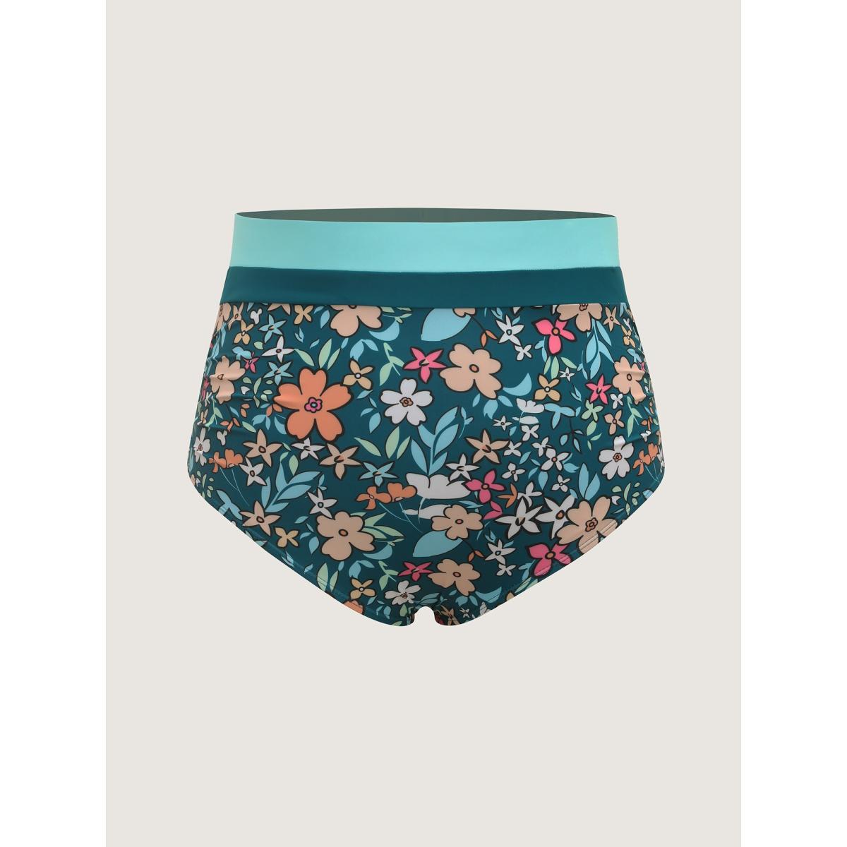 Plus Size Floral Print Color Contrast Swim Bottoms Women's Swimwear DarkGreen Beach Contrast High stretch Skinny High Rise Curve Swim Bottoms BloomChic 18-20/2X Product Image