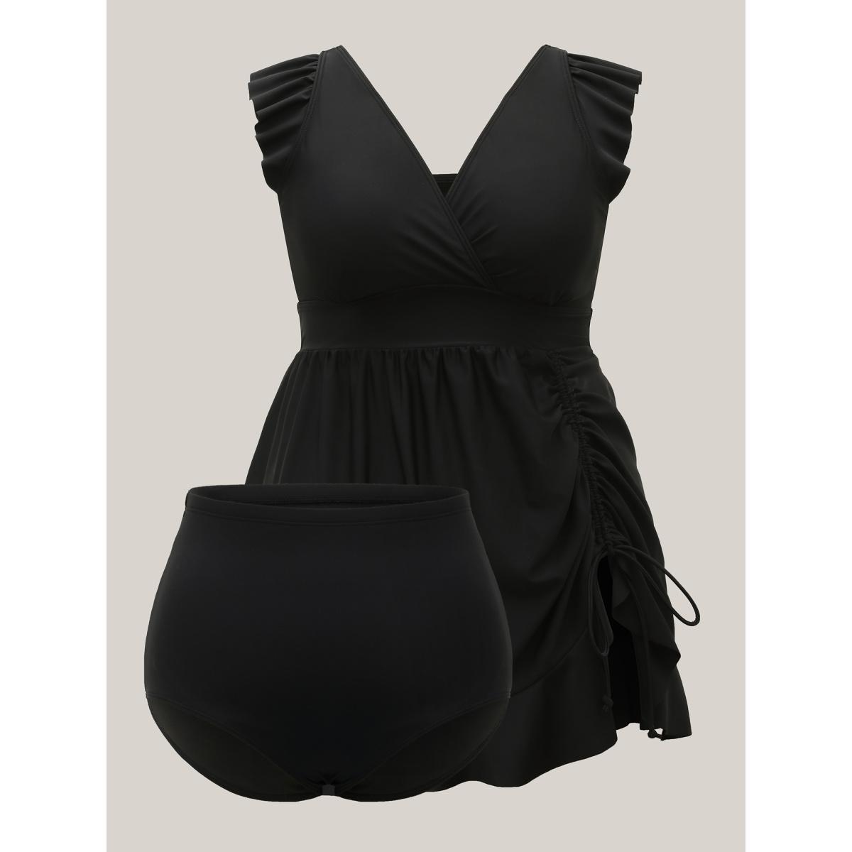 Plus Size Ruffled Hem Flutter Sleeve Drawstring Swim Dress Women's Swimwear Plum Beach Bodycon Overlap Collar High stretch Curve Swim Dresses BloomChic 26/4X Product Image