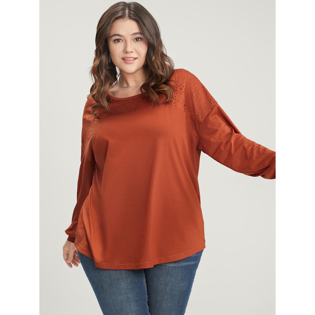 Plus Size Solid Round Neck Eyelet Insert Long Tee Rust Women Casual Patchwork Plain Round Neck Dailywear T-shirts BloomChic 26/4X Product Image