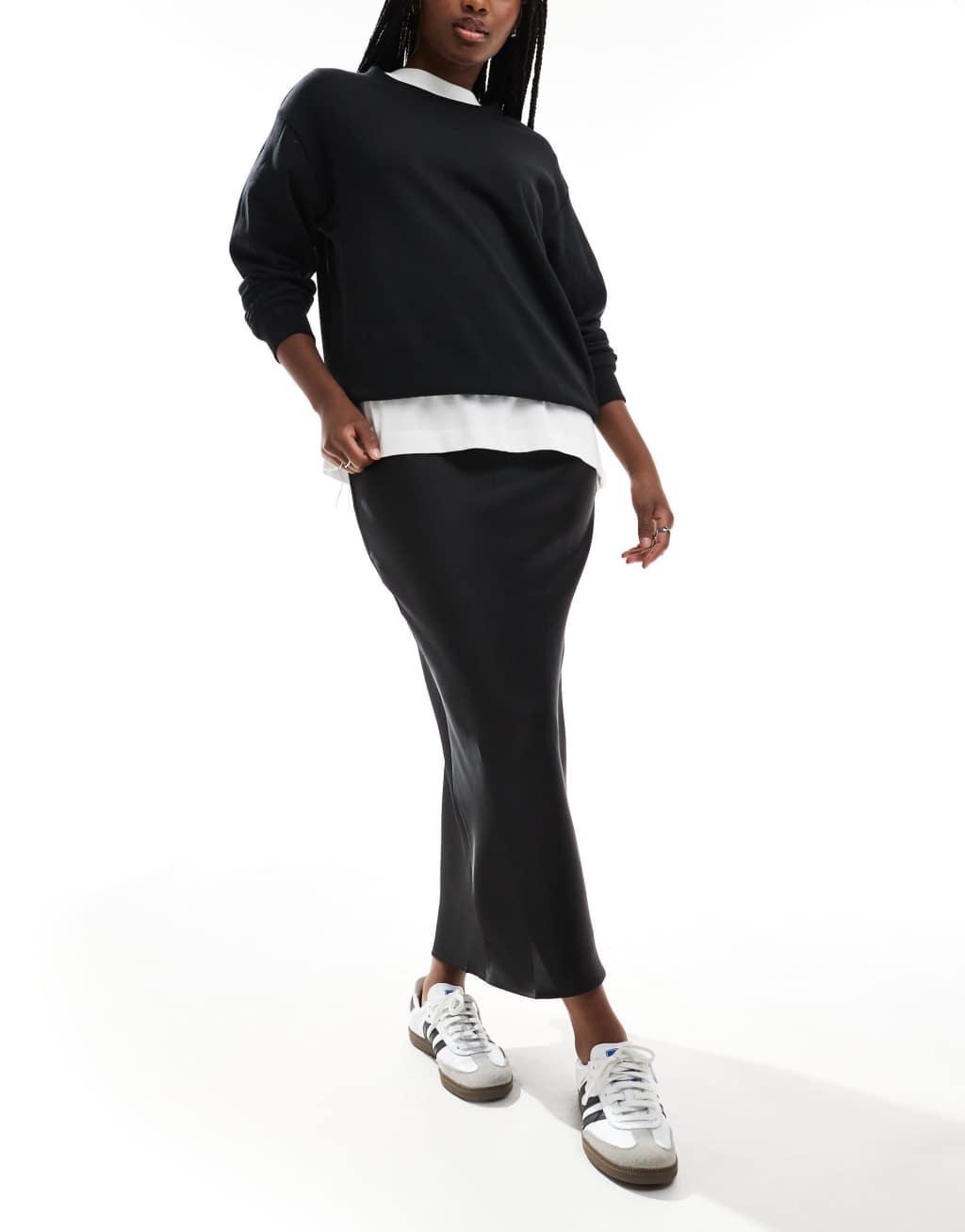 ASOS DESIGN satin bias midi skirt in black Product Image
