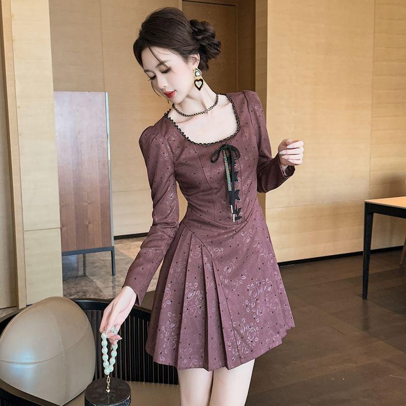 Long-Sleeve Scoop Neck Dotted Jacquard Bow Pleated Mini A-Line Dress Product Image