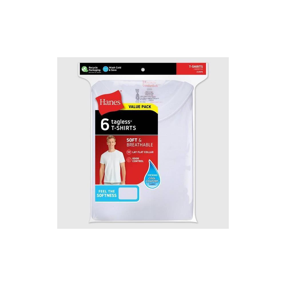 Hanes Men's Crew Neck T-Shirt with Fresh IQ 6pk - White L: 100% Cotton, Lightweight, Tagless, Moisture Wicking, Product Image