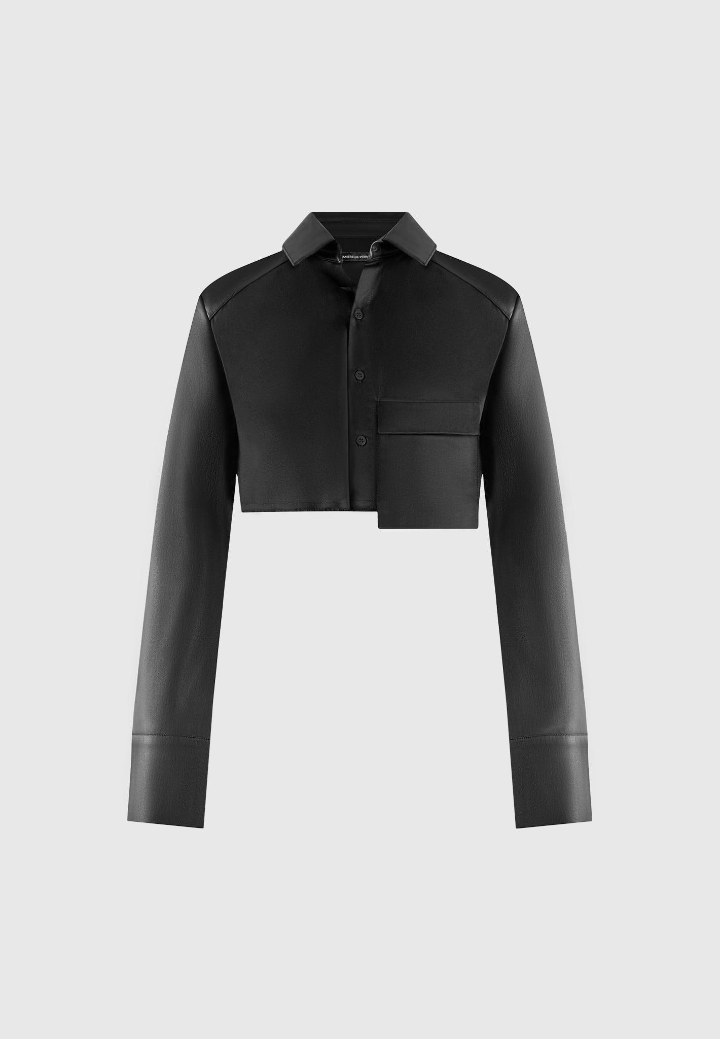 Leather Contrast Cropped Shirt - Black Female Product Image