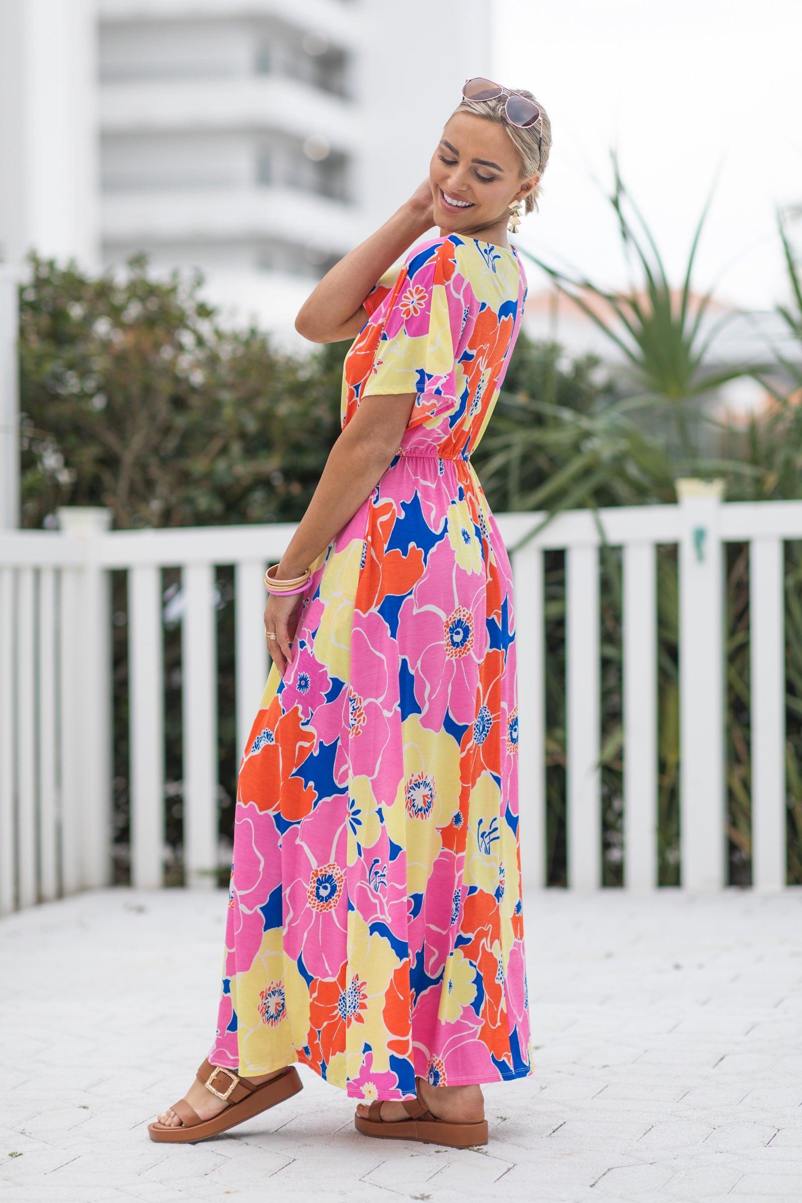 Pink Flower Print Boat Neck Maxi Dress Product Image